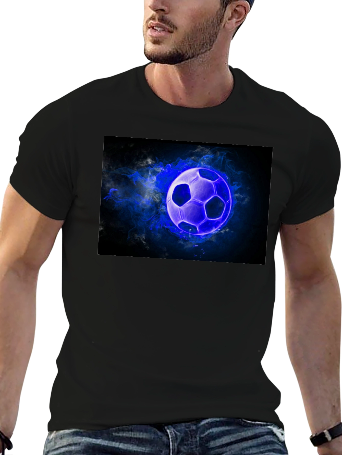 Glowing Soccer Ball Graphic Black T-Shirt