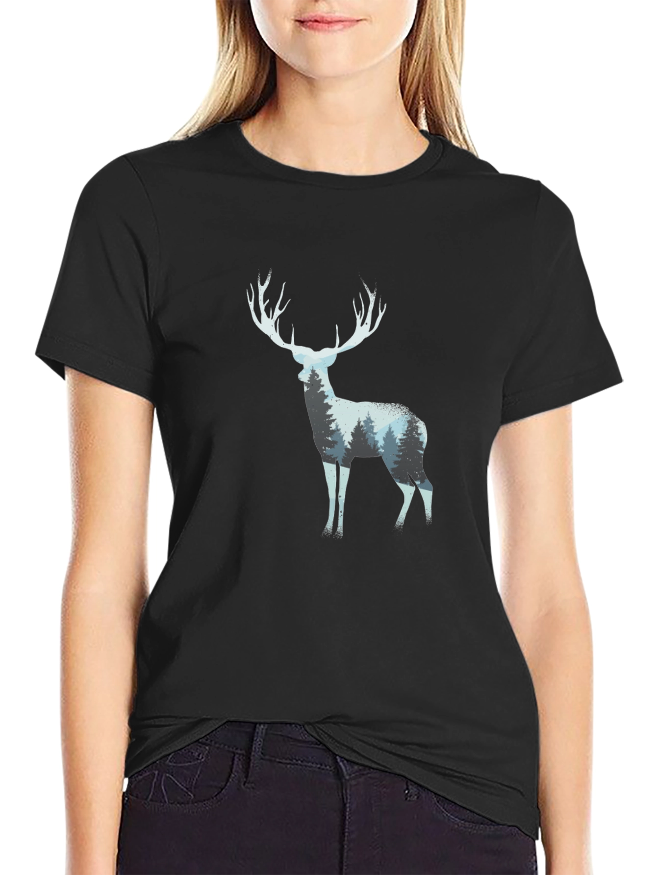 Deer Forest Silhouette Black T-Shirt