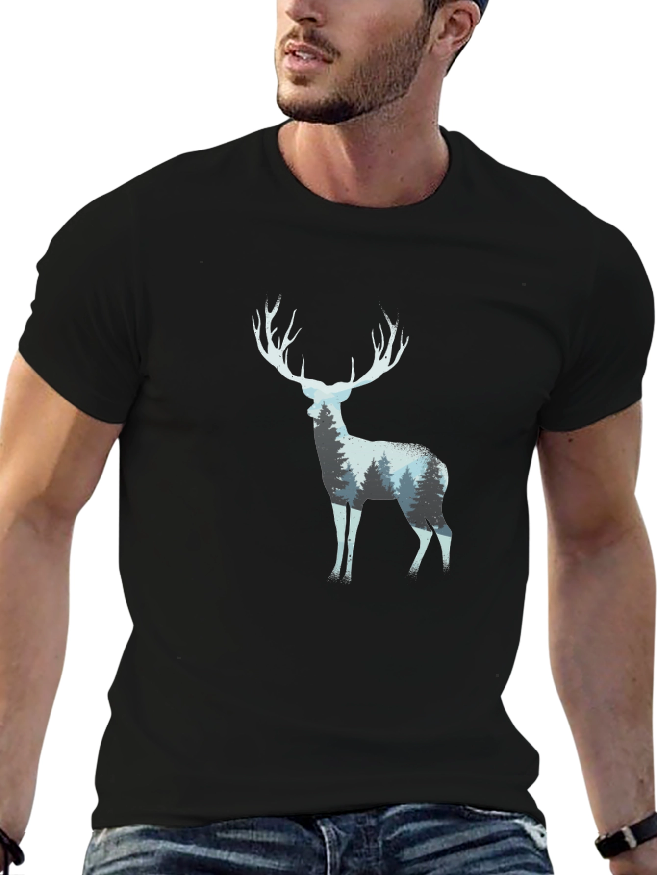 Deer Forest Silhouette Black T-Shirt