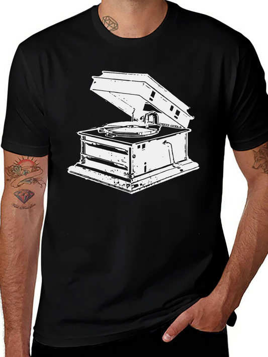 Vintage Gramophone Graphic Tee - Black Cotton T-Shirt