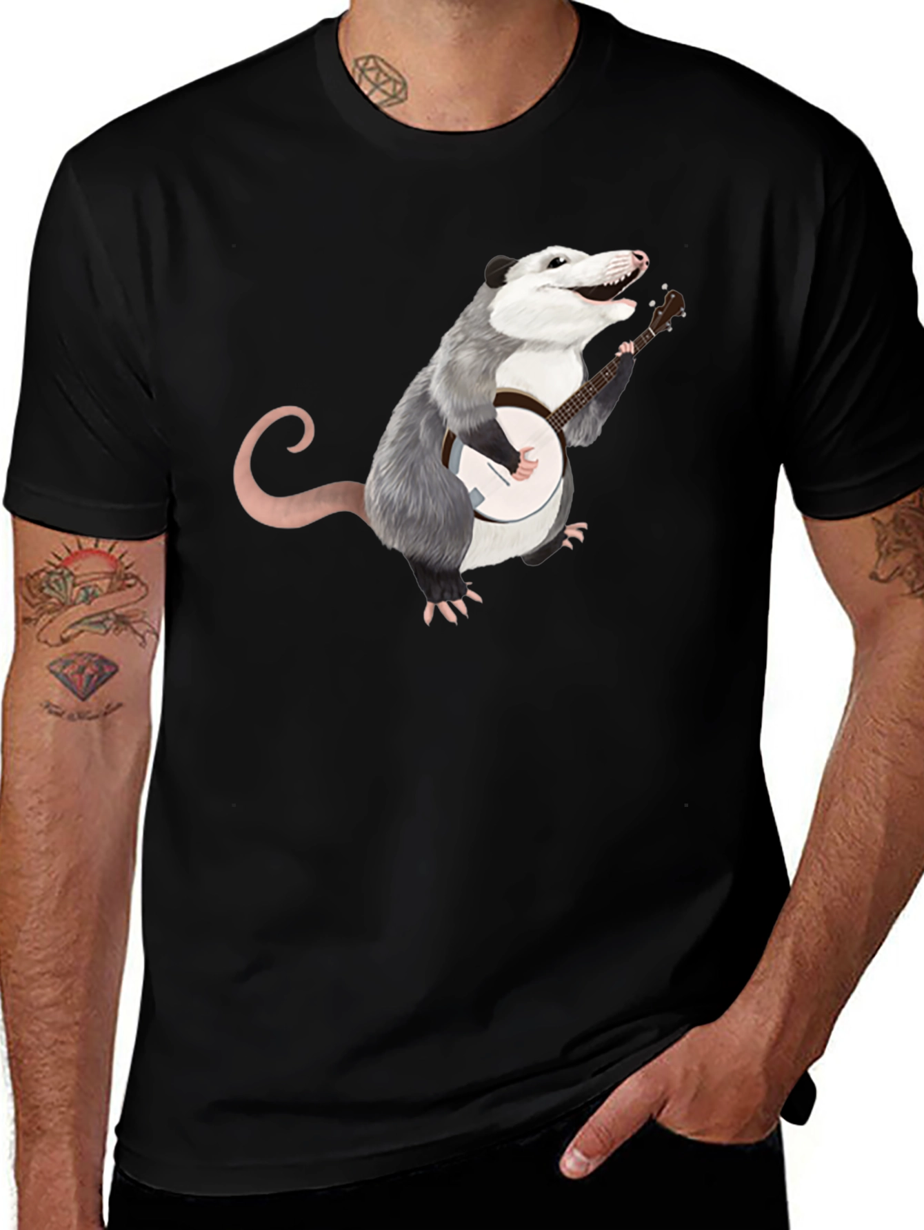 Opossum Banjo Player Black T-Shirt