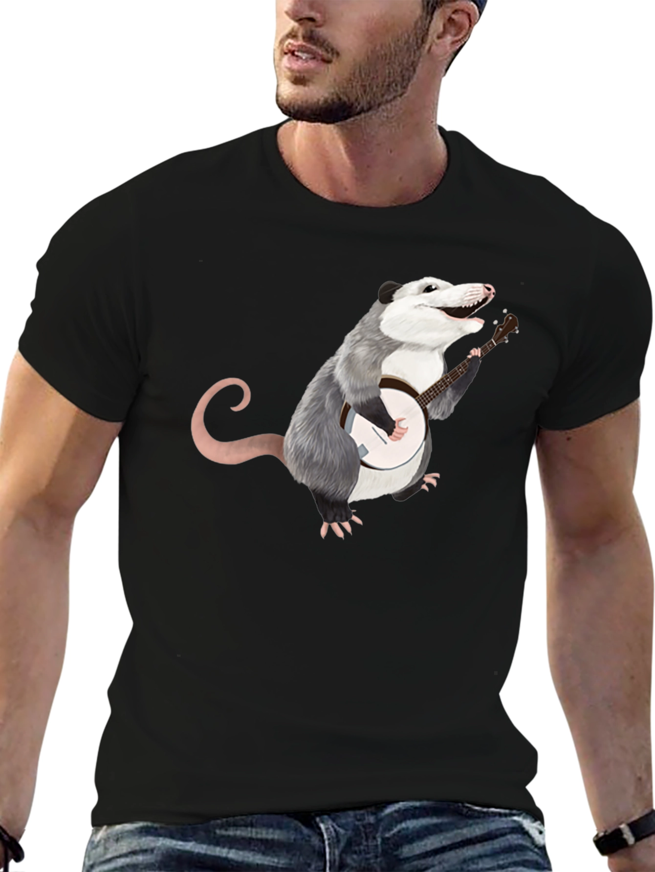 Opossum Banjo Player Black T-Shirt