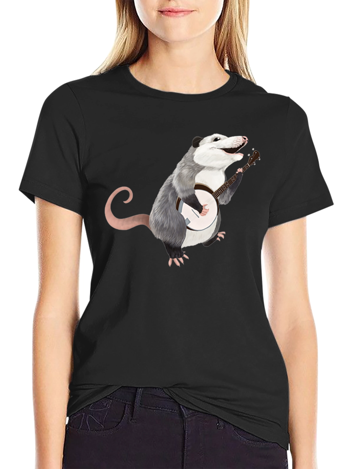 Opossum Banjo Player Black T-Shirt