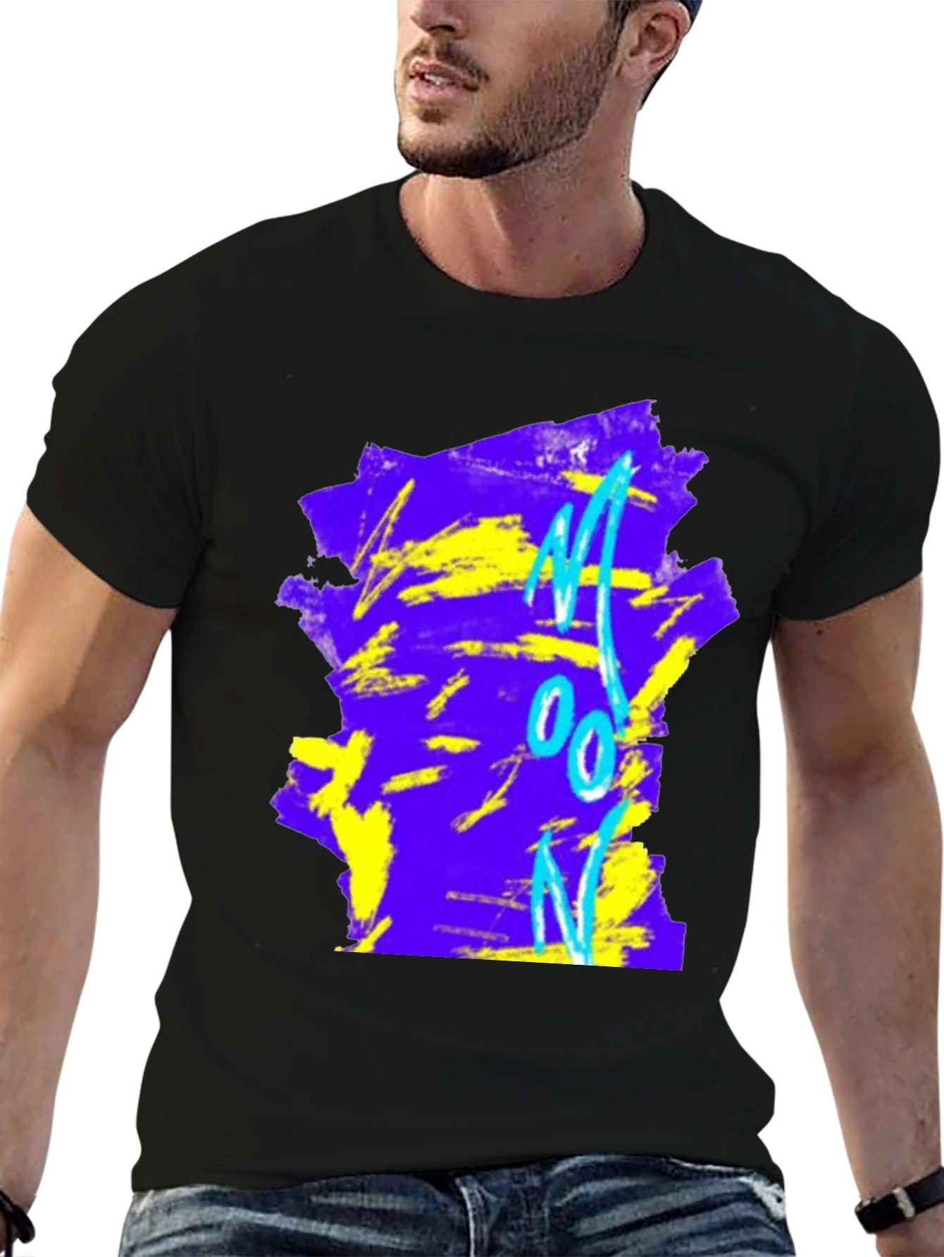 Abstract Moon Graphic Tee - Black Cotton Blend