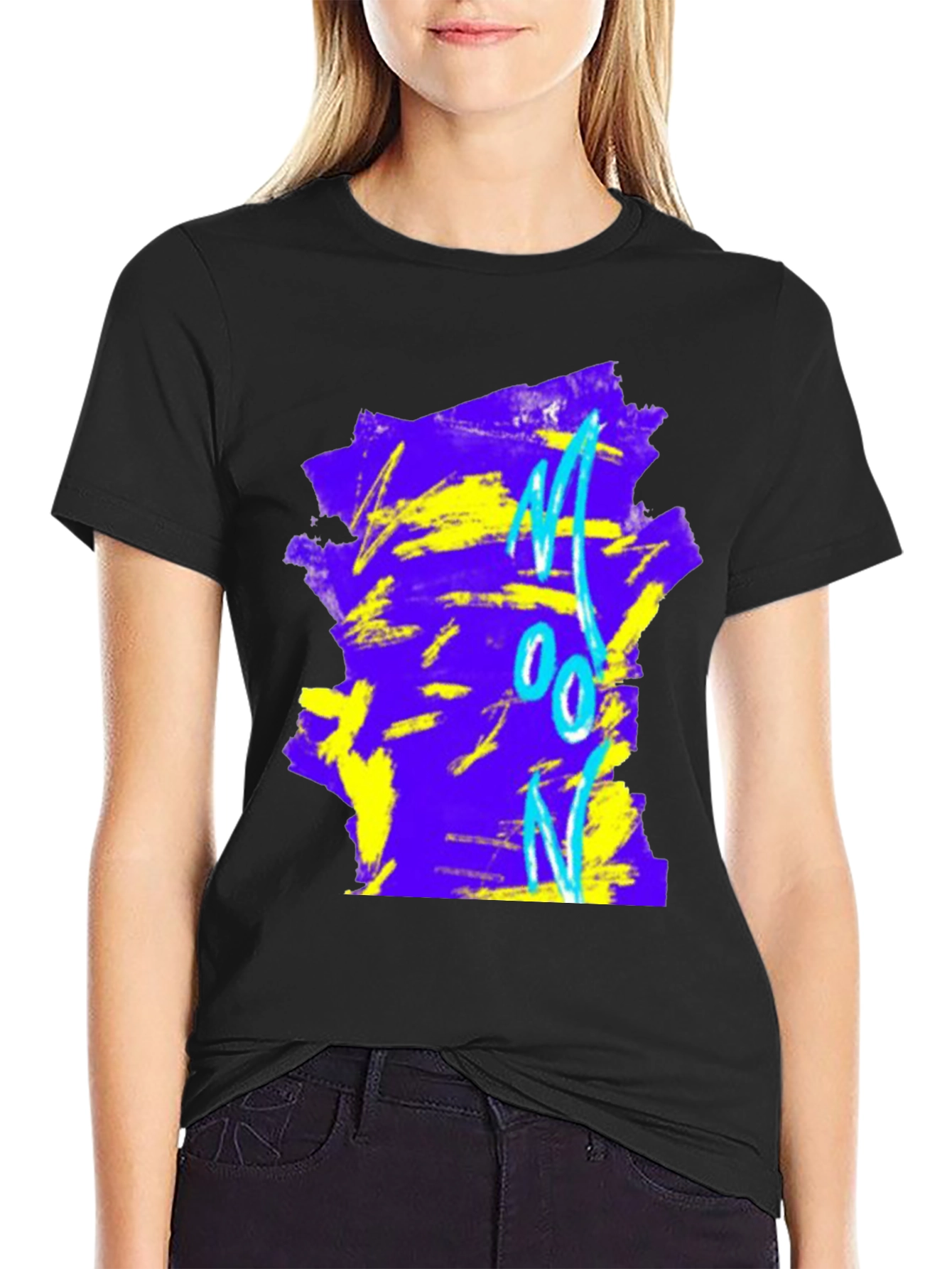 Abstract Moon Graphic Tee - Black Cotton Blend