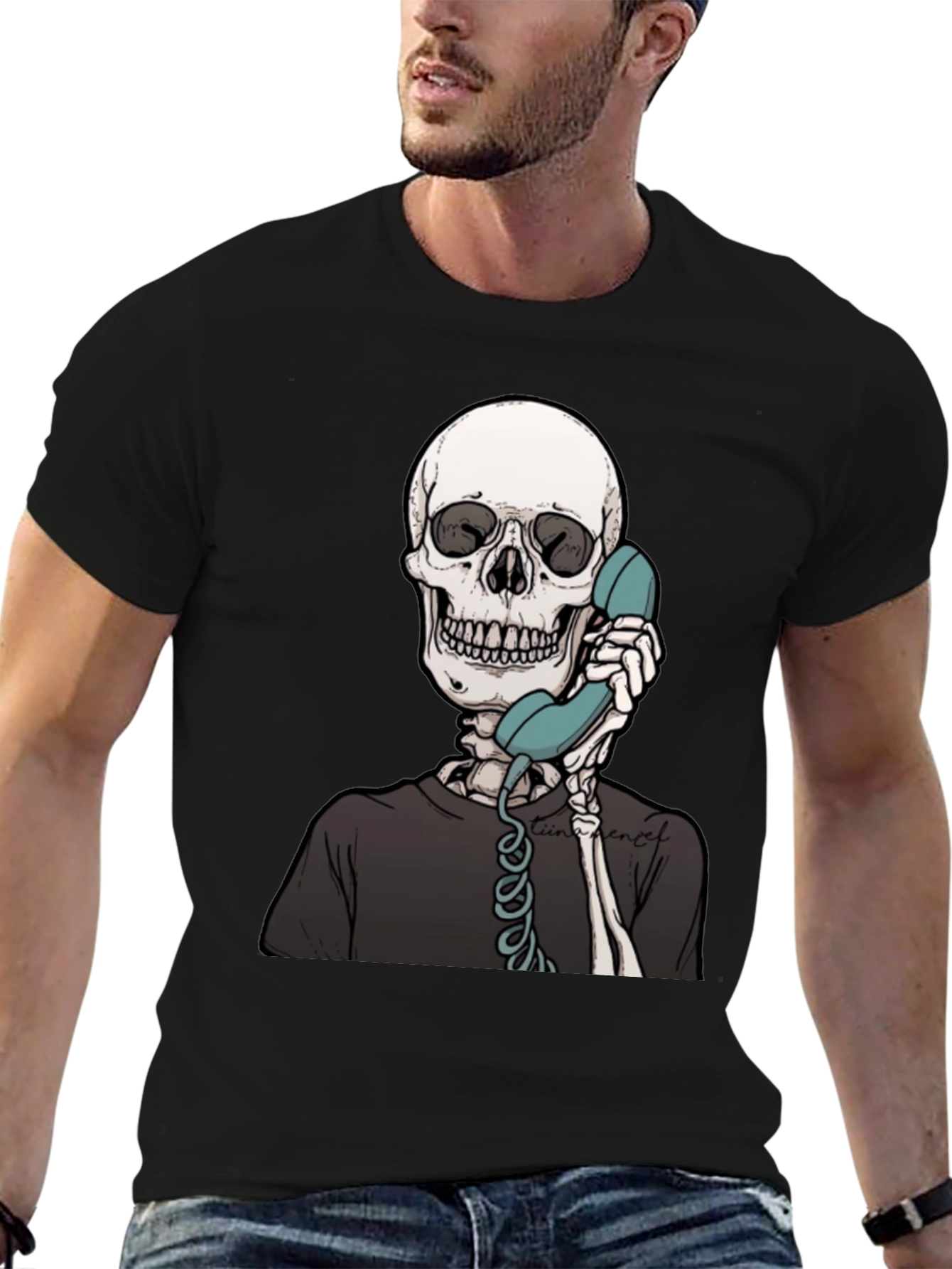 Skeleton on Phone Graphic Tee - Black