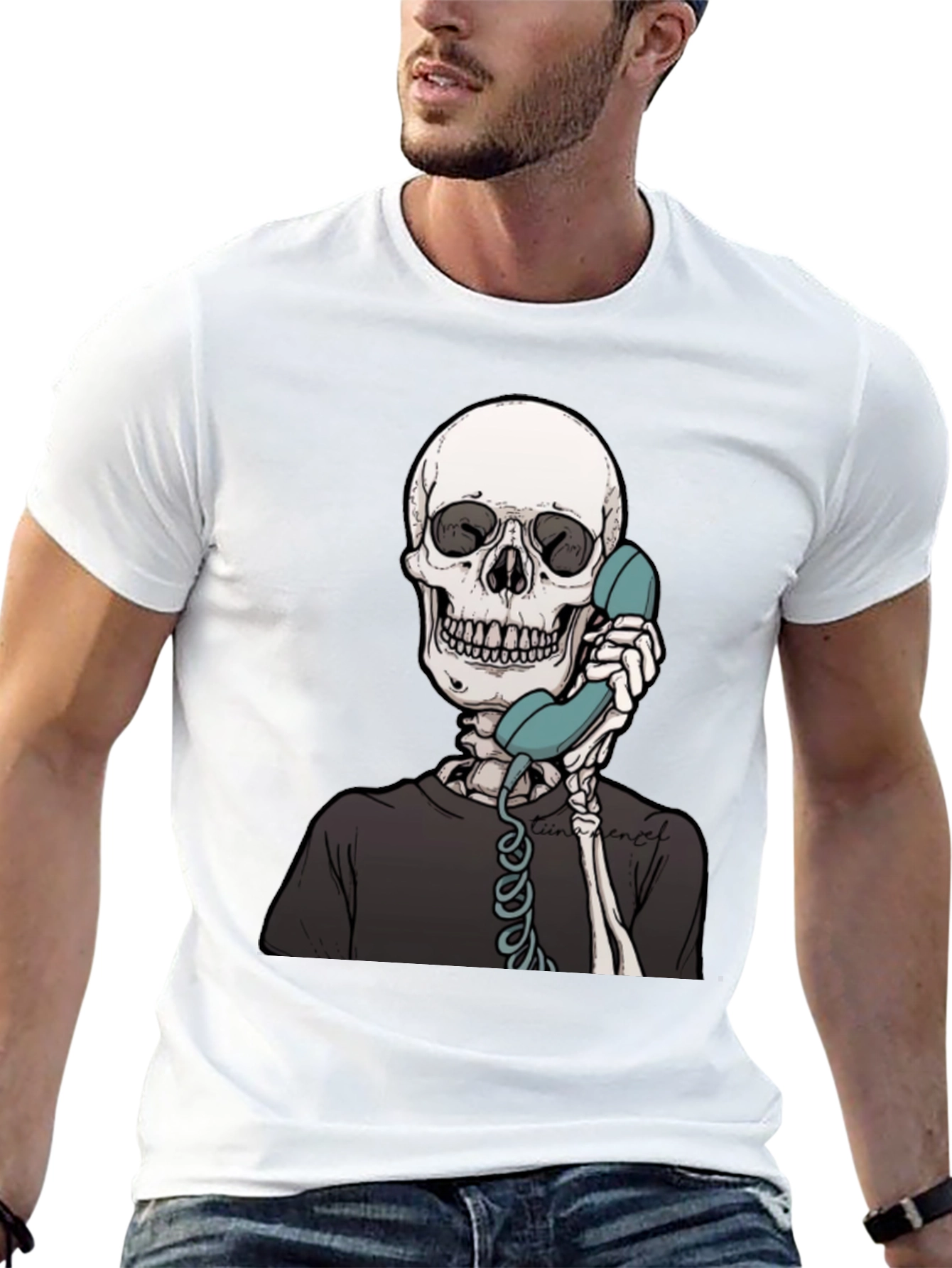 Skeleton on Phone Graphic Tee - Black