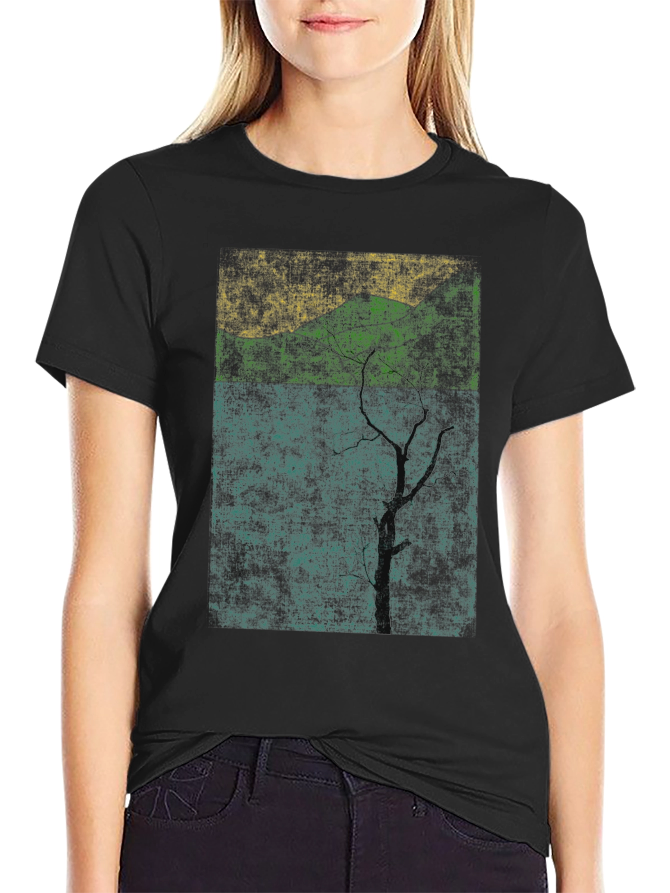 Nature-Inspired Graphic Tee - Textured Print Black Shirt
