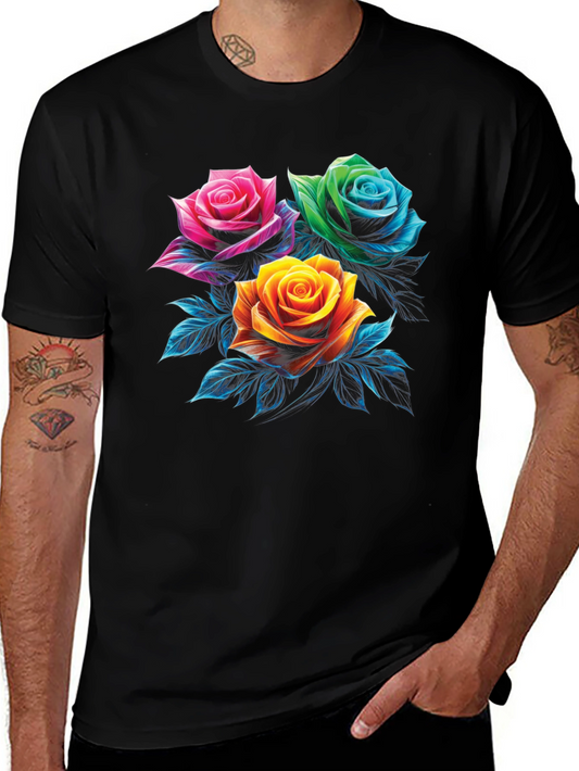 Floral Rose Graphic Print Mens Black T-Shirt