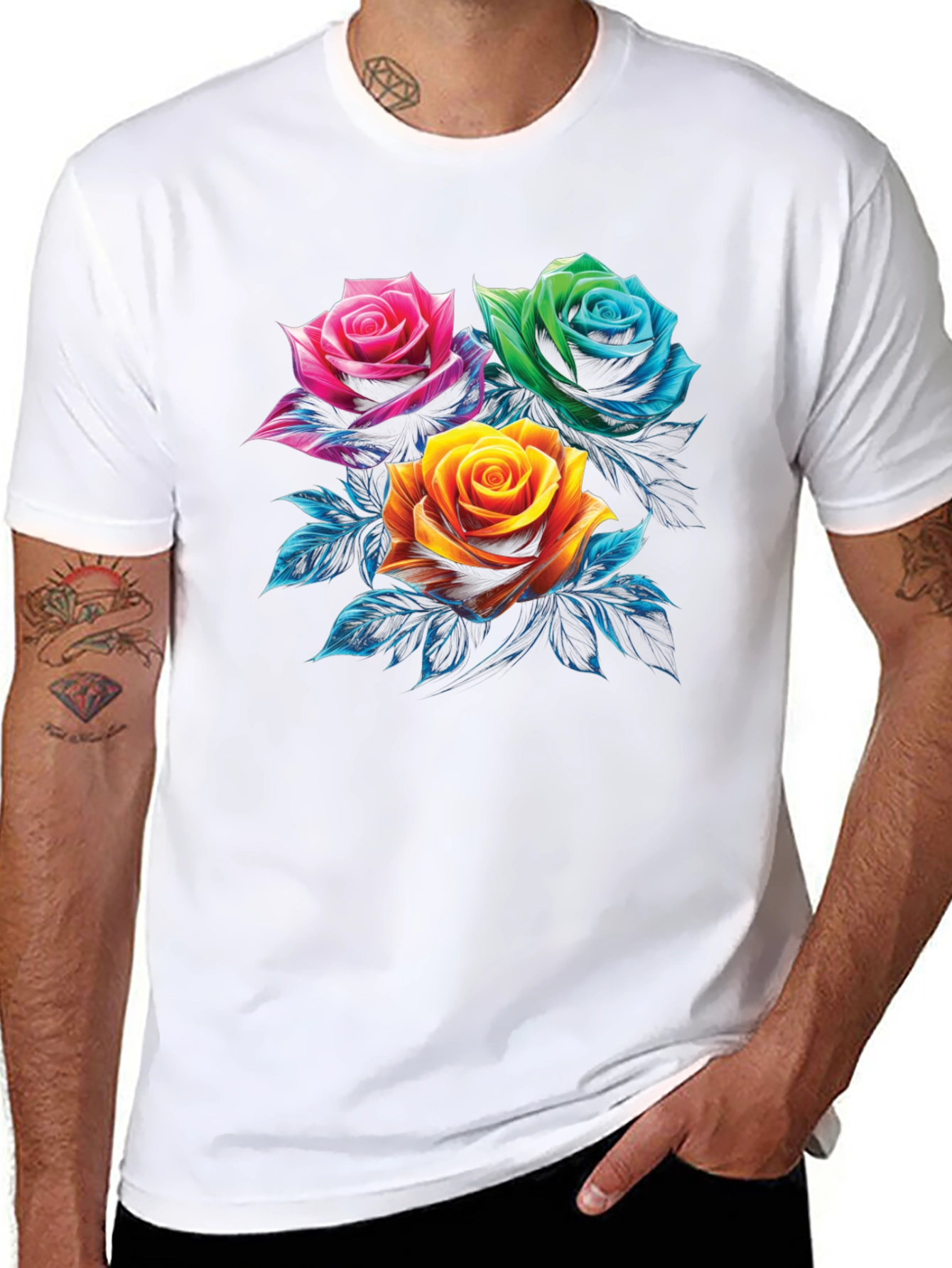 Floral Rose Graphic Print Mens Black T-Shirt