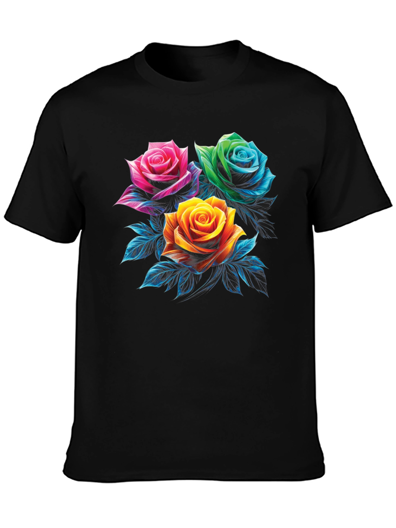 Floral Rose Graphic Print Mens Black T-Shirt