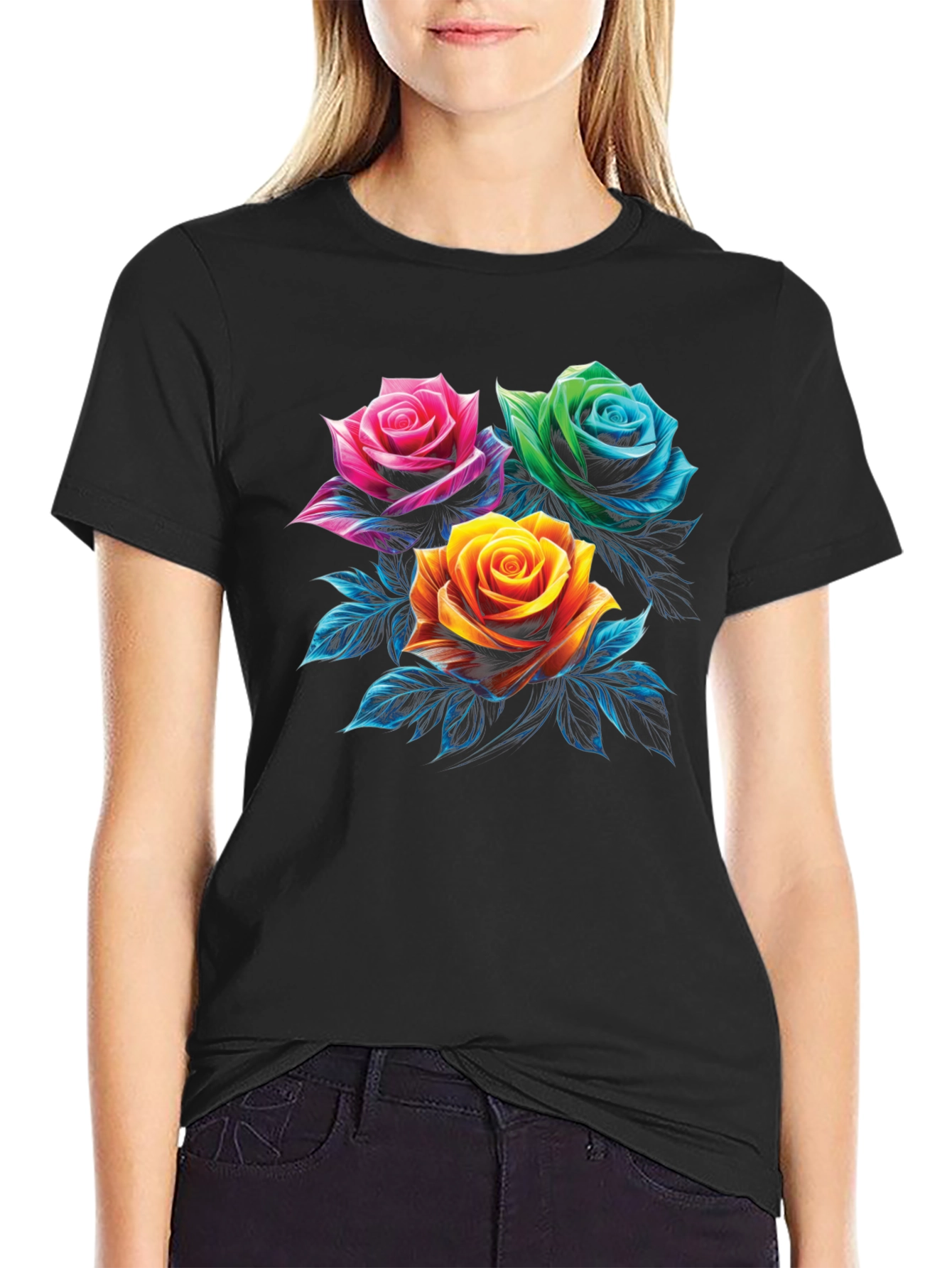 Floral Rose Graphic Print Mens Black T-Shirt