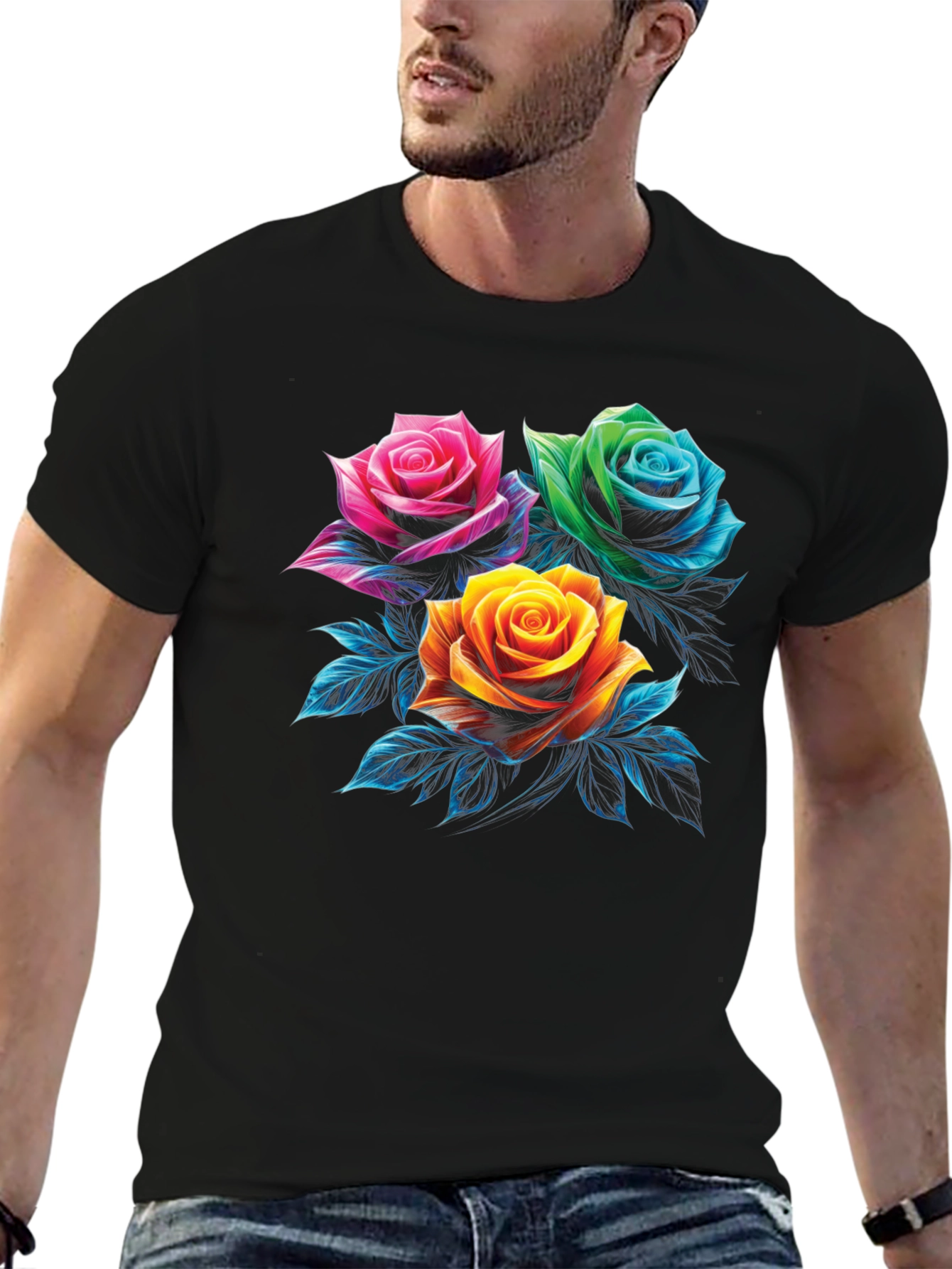 Floral Rose Graphic Print Mens Black T-Shirt