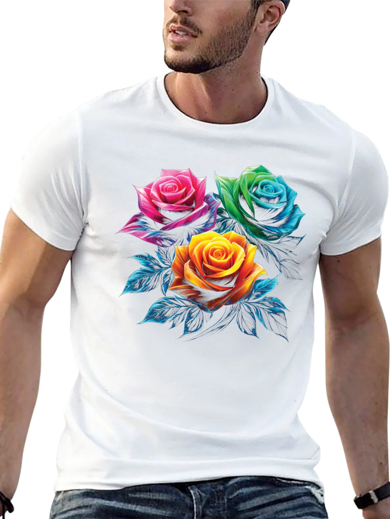 Floral Rose Graphic Print Mens Black T-Shirt