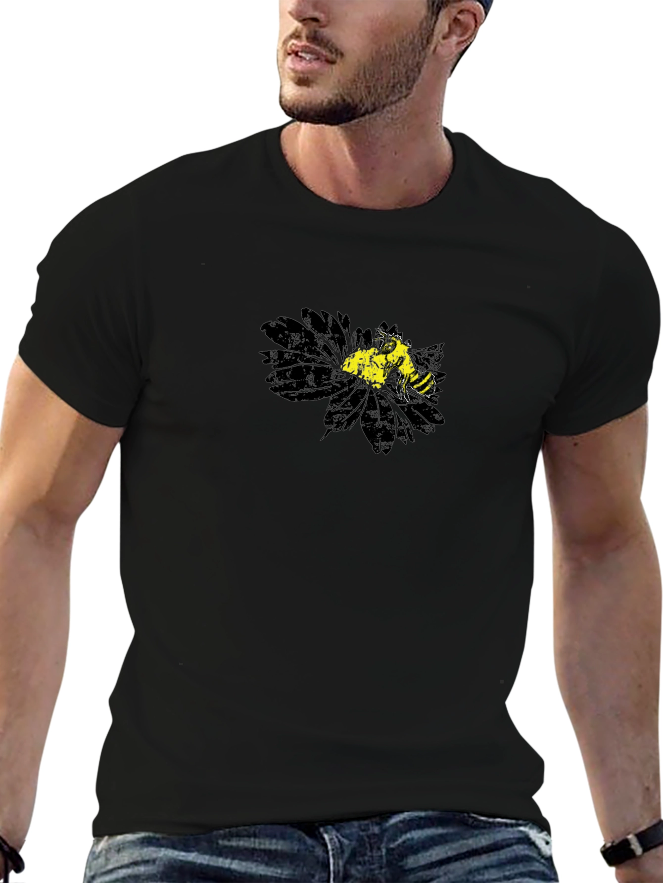 Black T-Shirt with Floral Bee Graphic
