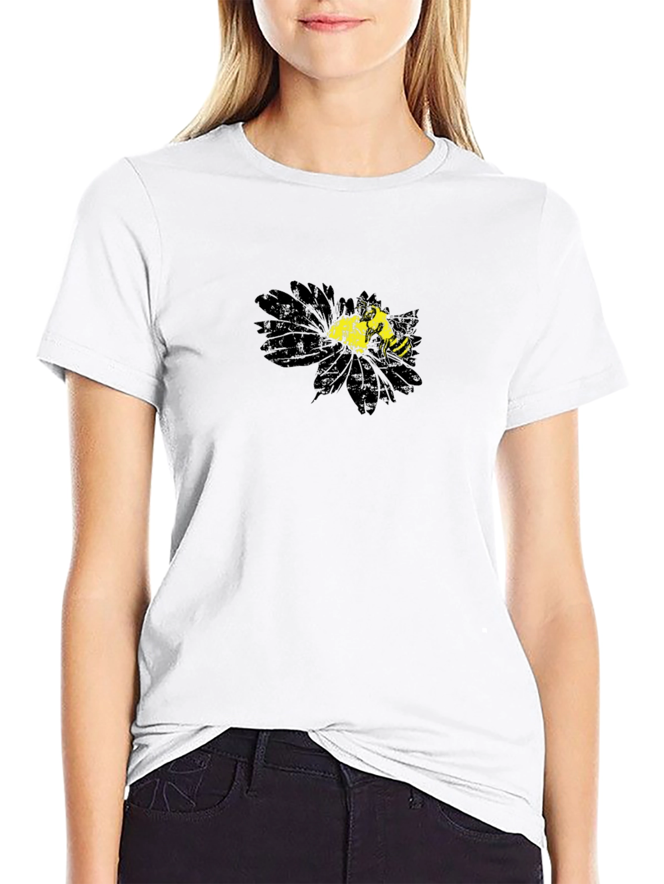 Black T-Shirt with Floral Bee Graphic