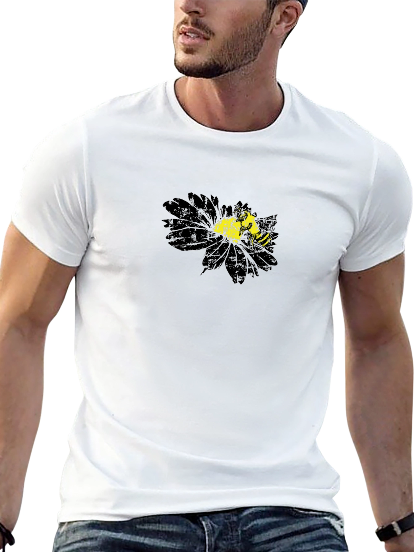 Black T-Shirt with Floral Bee Graphic