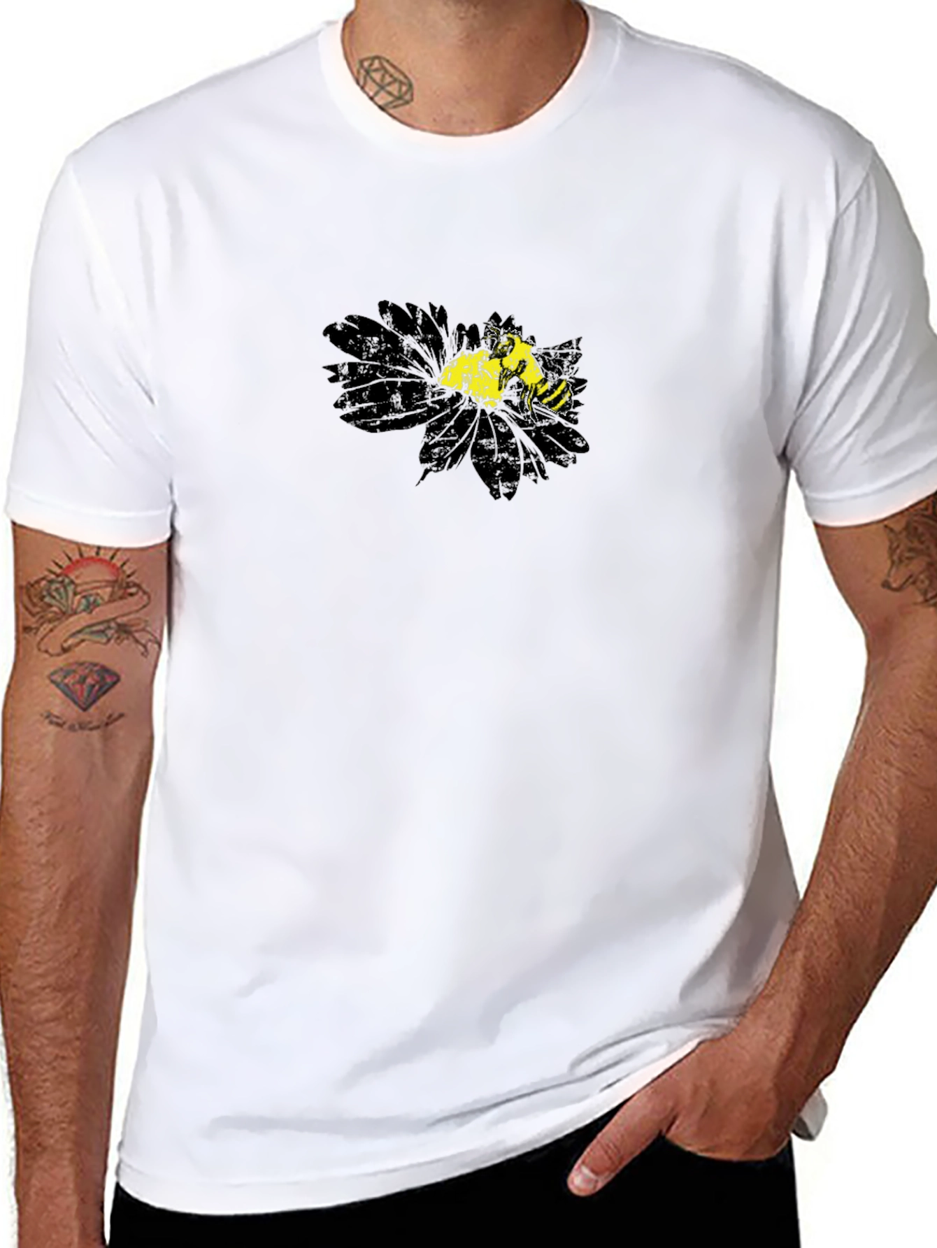 Black T-Shirt with Floral Bee Graphic