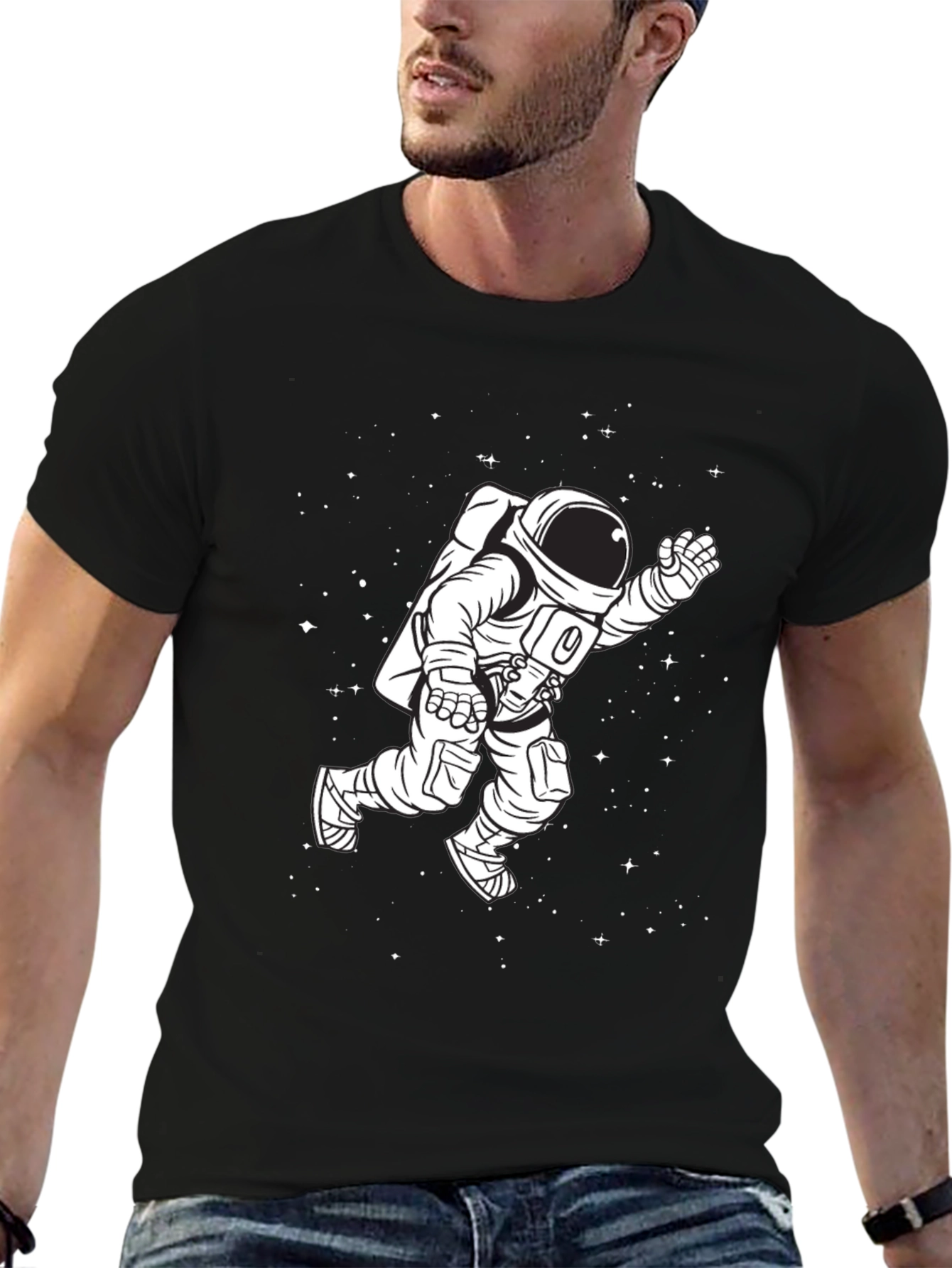 Astronaut in Space Graphic Tee - Black Cotton T-Shirt