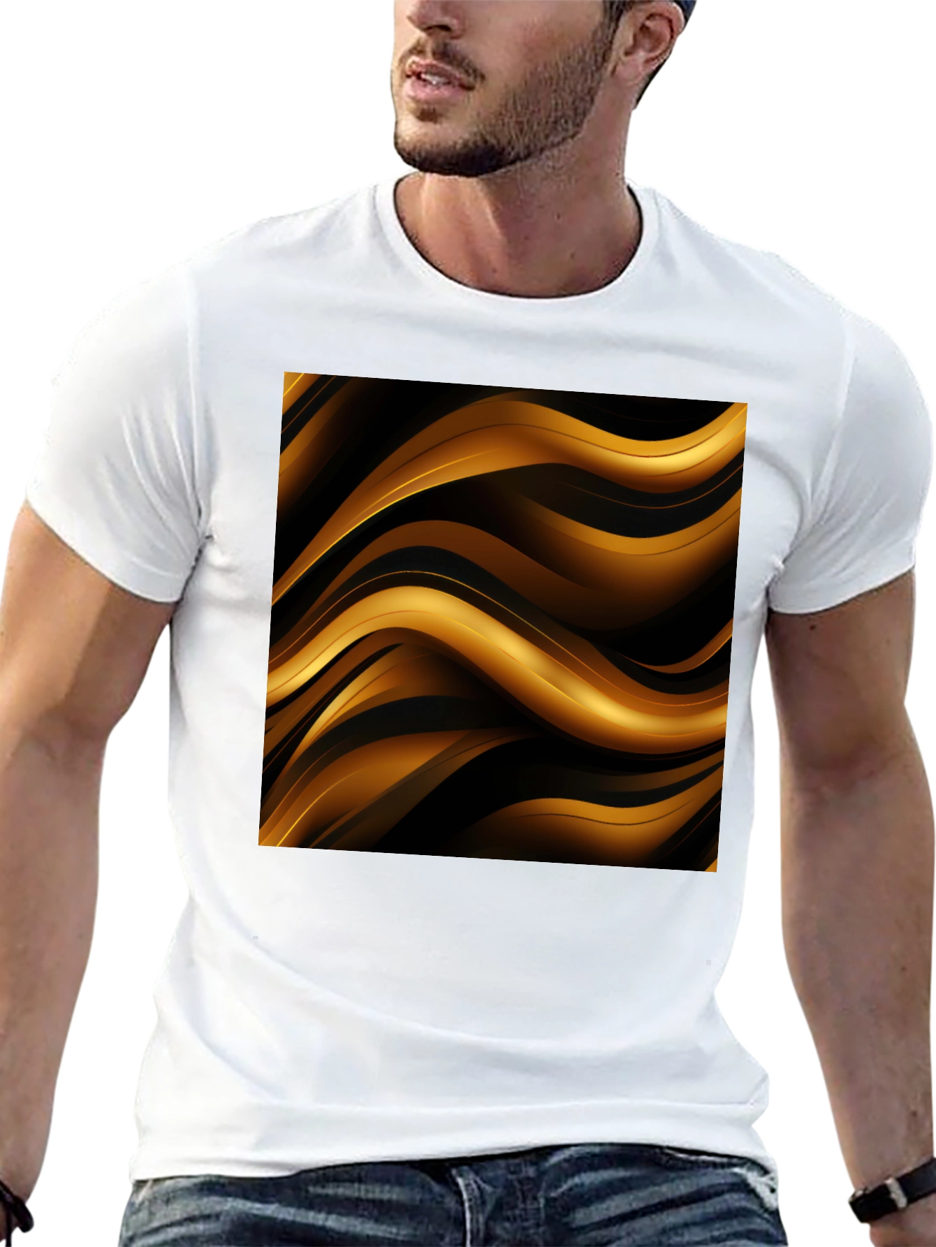 Stylish Black T-Shirt with Abstract Gold Wave Design