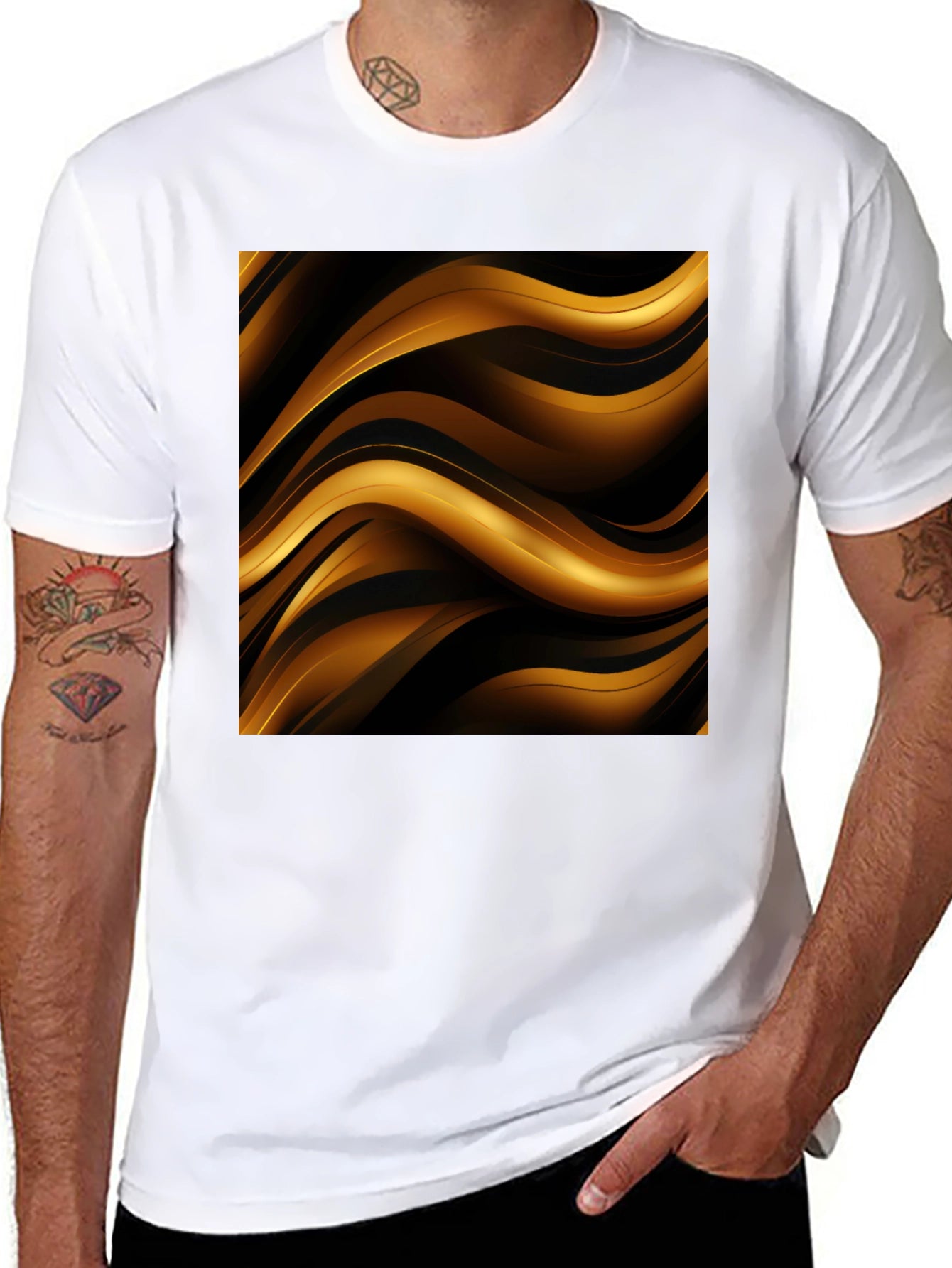 Stylish Black T-Shirt with Abstract Gold Wave Design