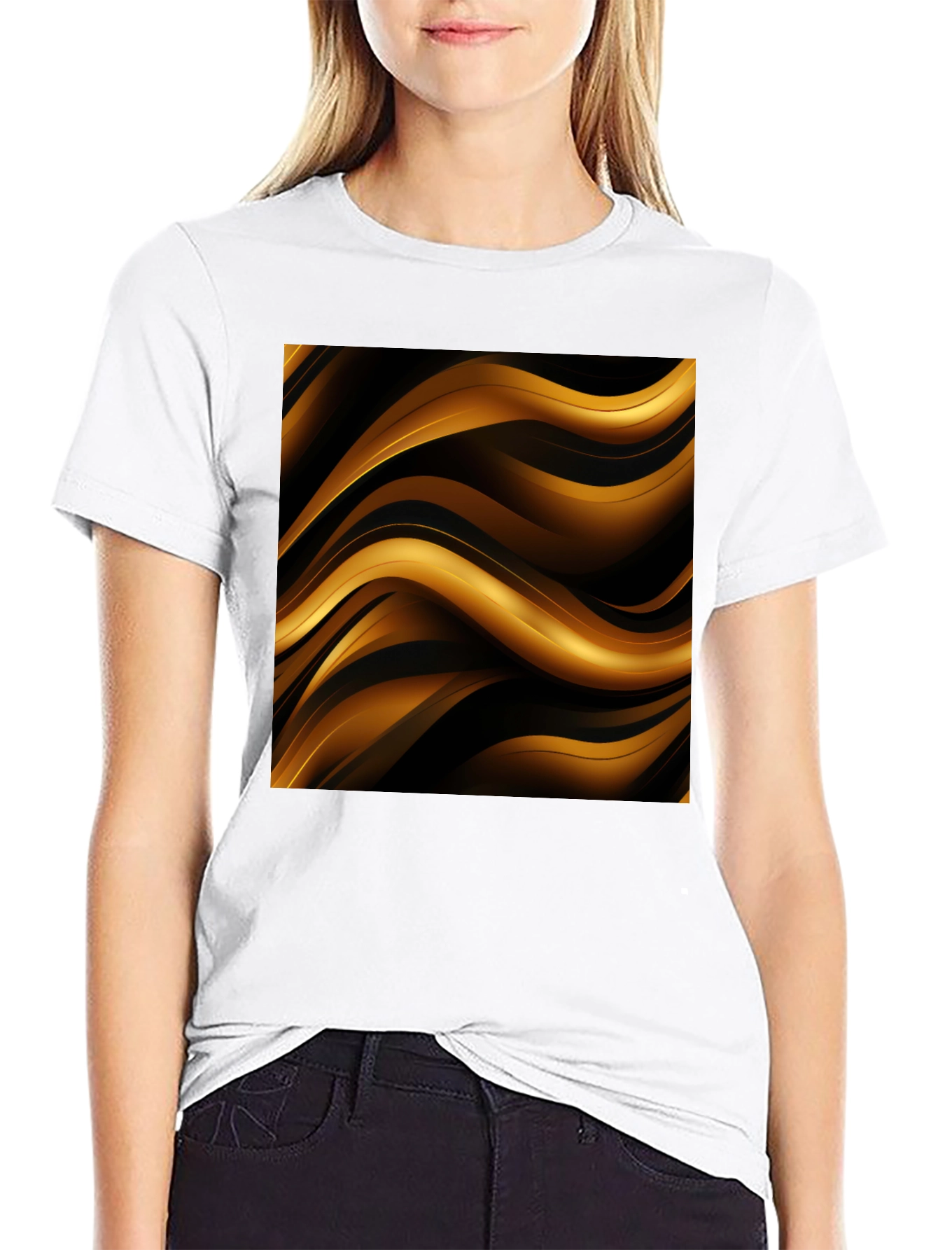 Stylish Black T-Shirt with Abstract Gold Wave Design