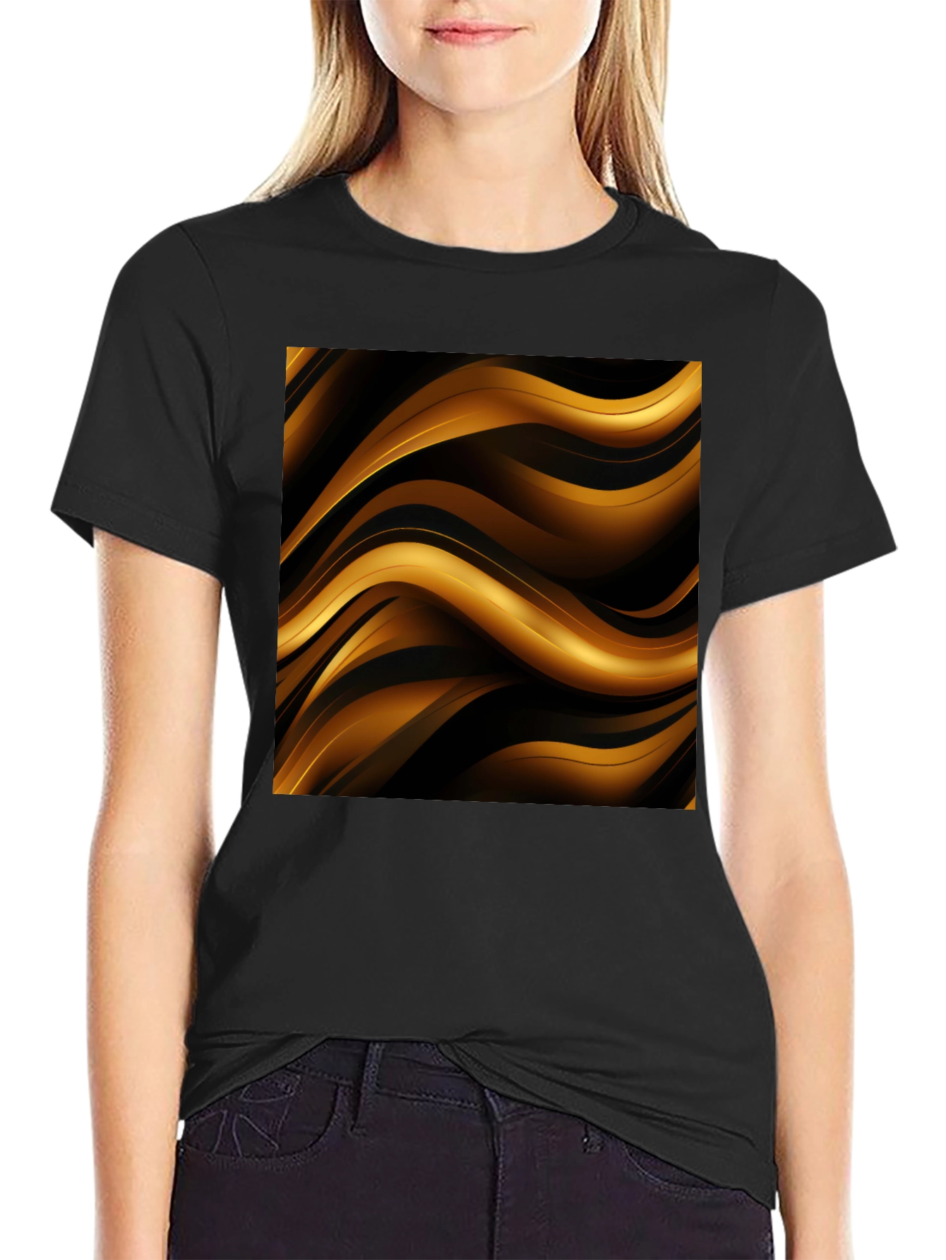 Stylish Black T-Shirt with Abstract Gold Wave Design