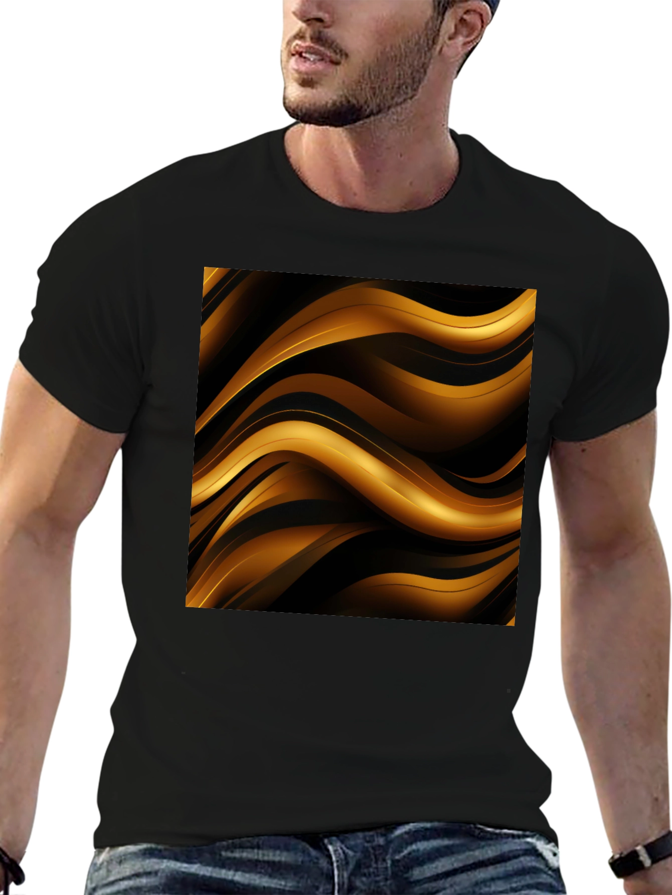 Stylish Black T-Shirt with Abstract Gold Wave Design