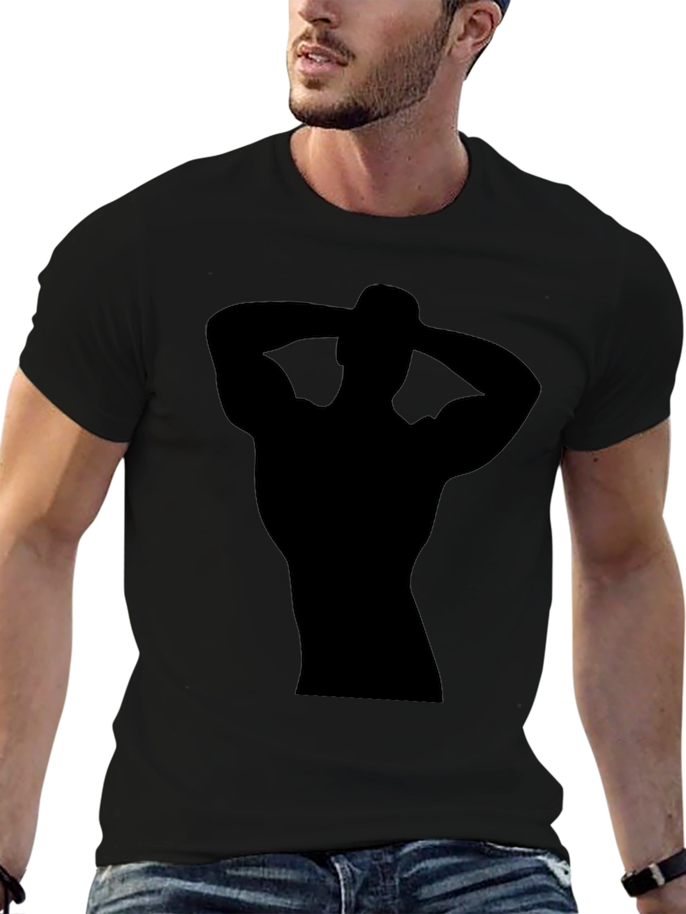 Mens Black T-Shirt with Muscled Silhouette Graphic