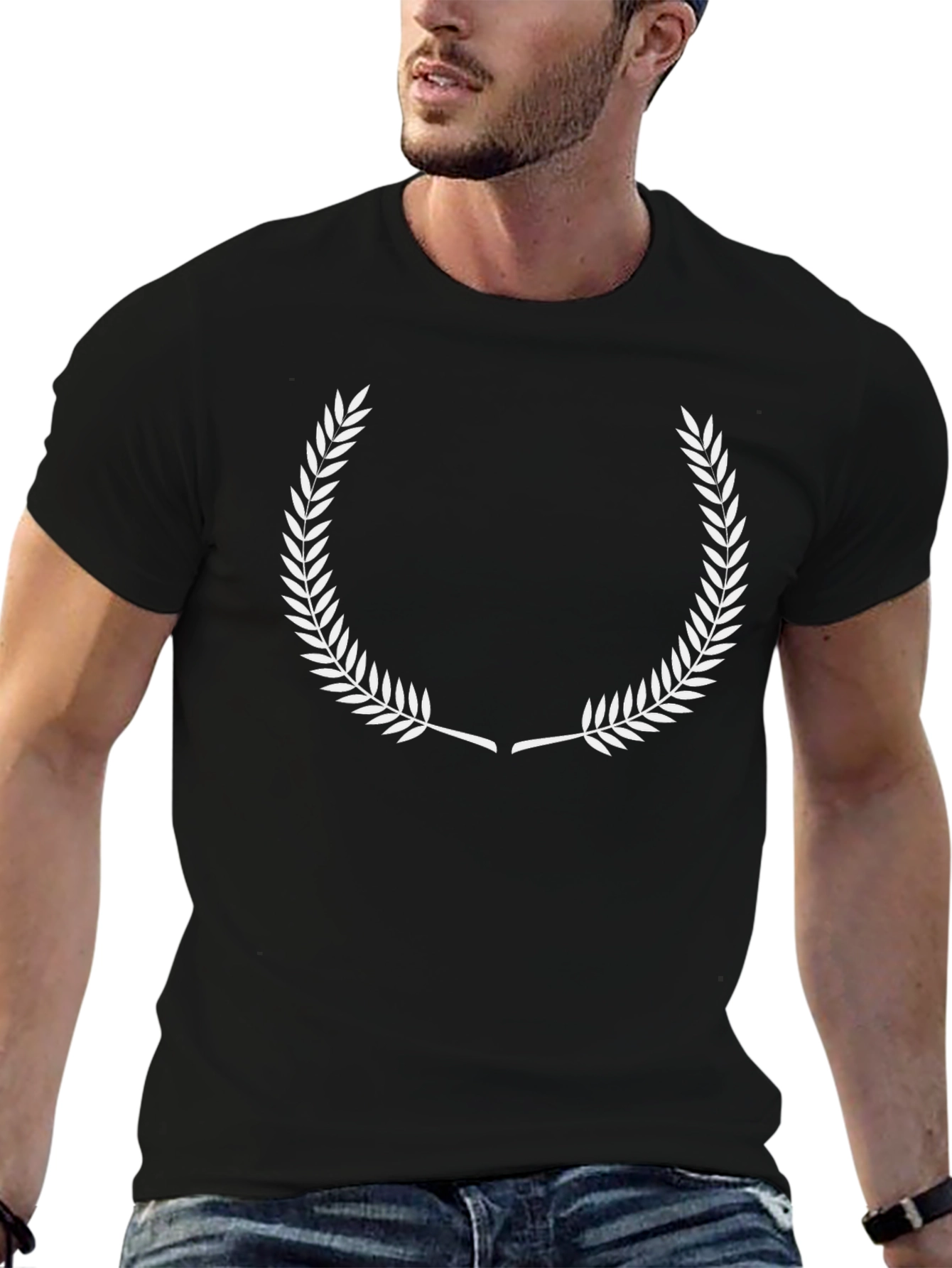 Mens Black T-Shirt with White Wreath Design