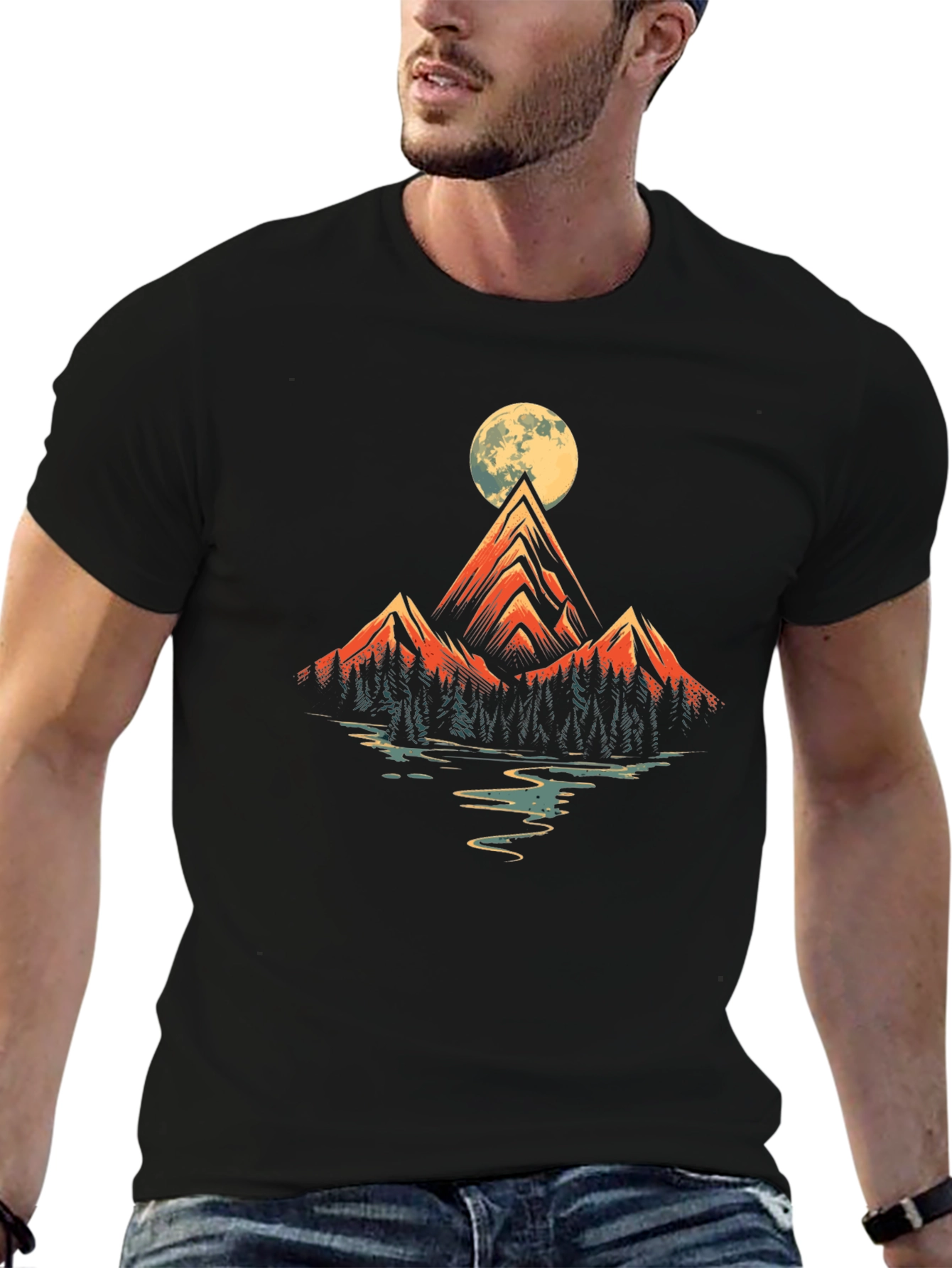 Mountain Moon Graphic Tee - Black Cotton Blend