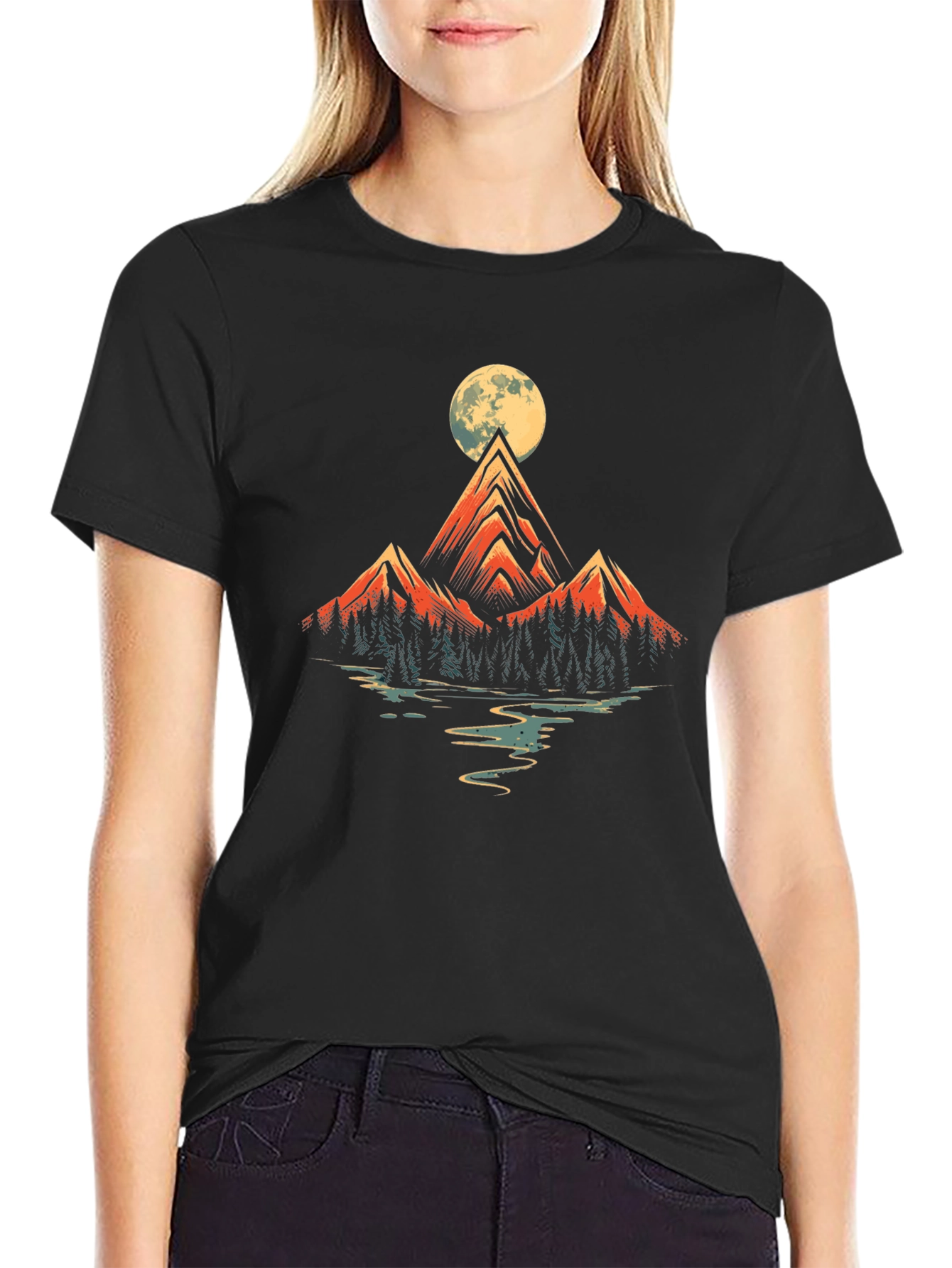 Mountain Moon Graphic Tee - Black Cotton Blend