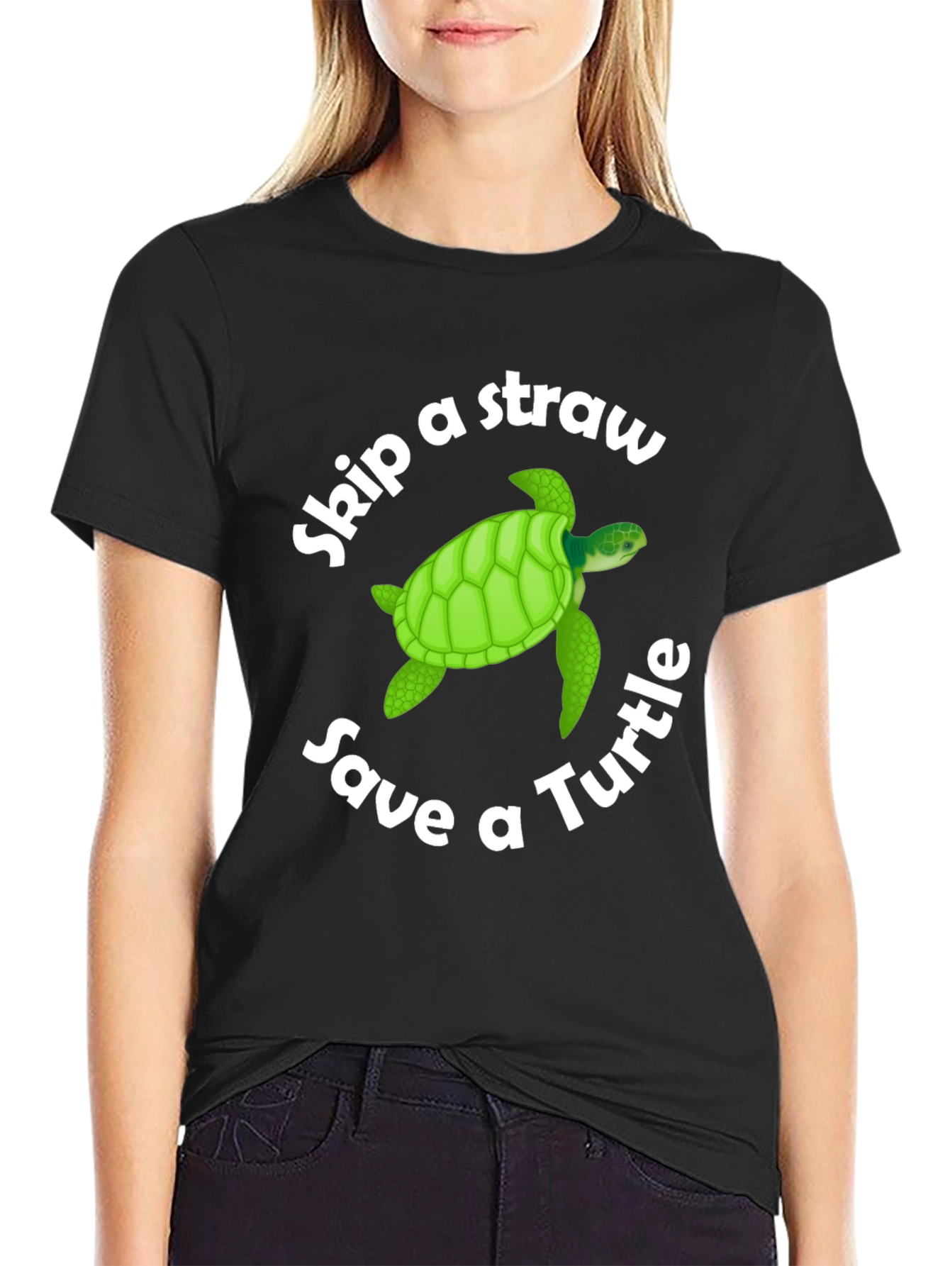 Skip a Straw Save a Turtle Black T-Shirt