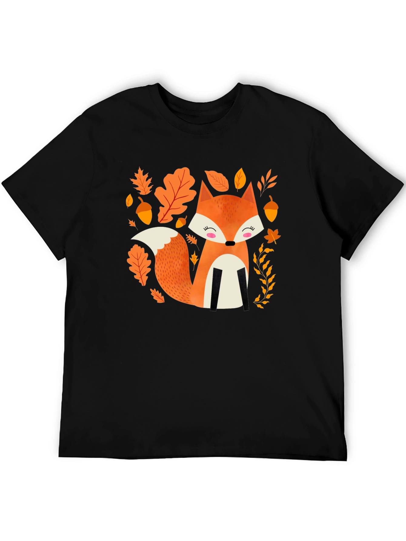 Cute Autumn Fox Graphic Tee - Black Cotton Blend
