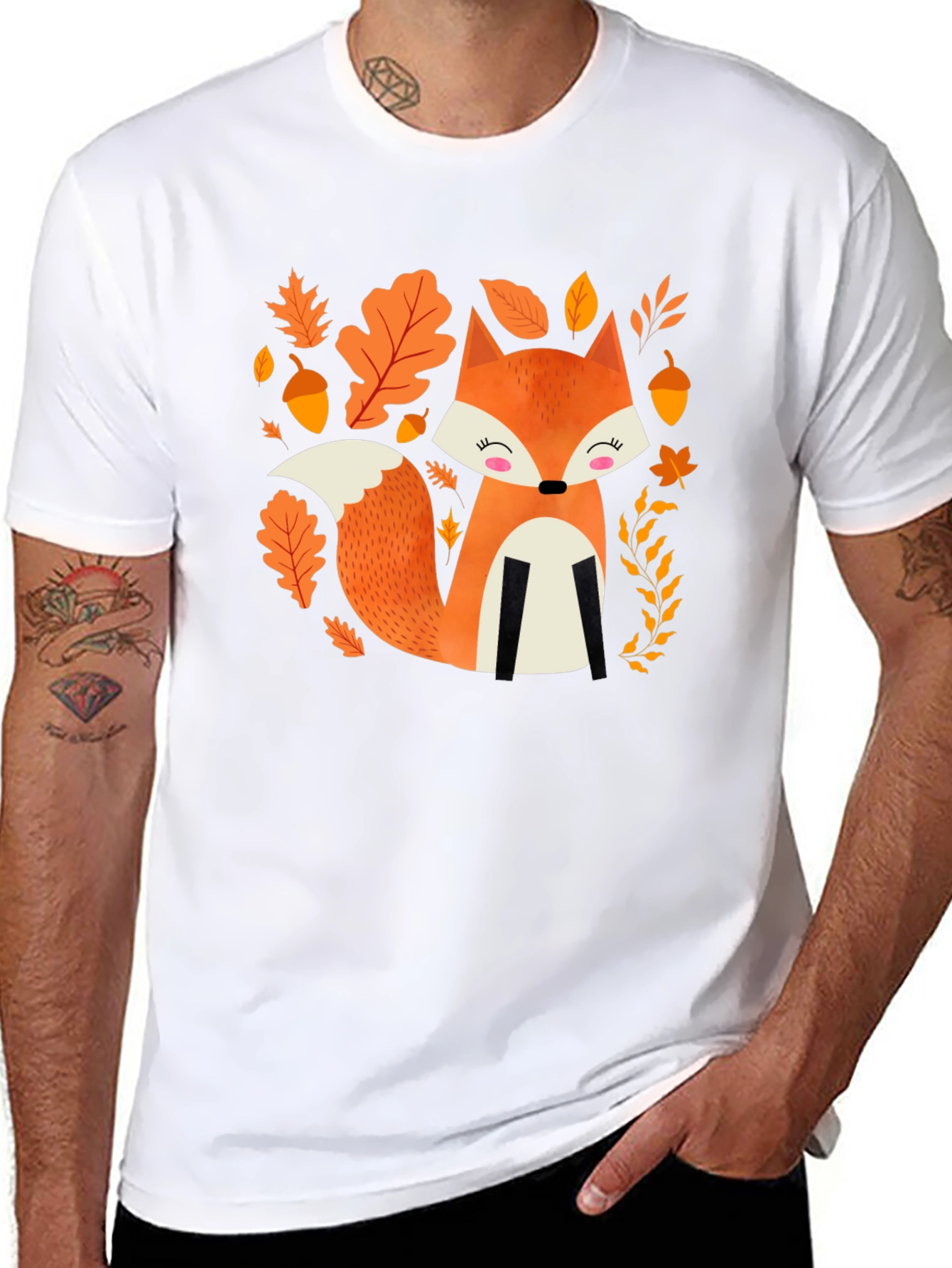Cute Autumn Fox Graphic Tee - Black Cotton Blend