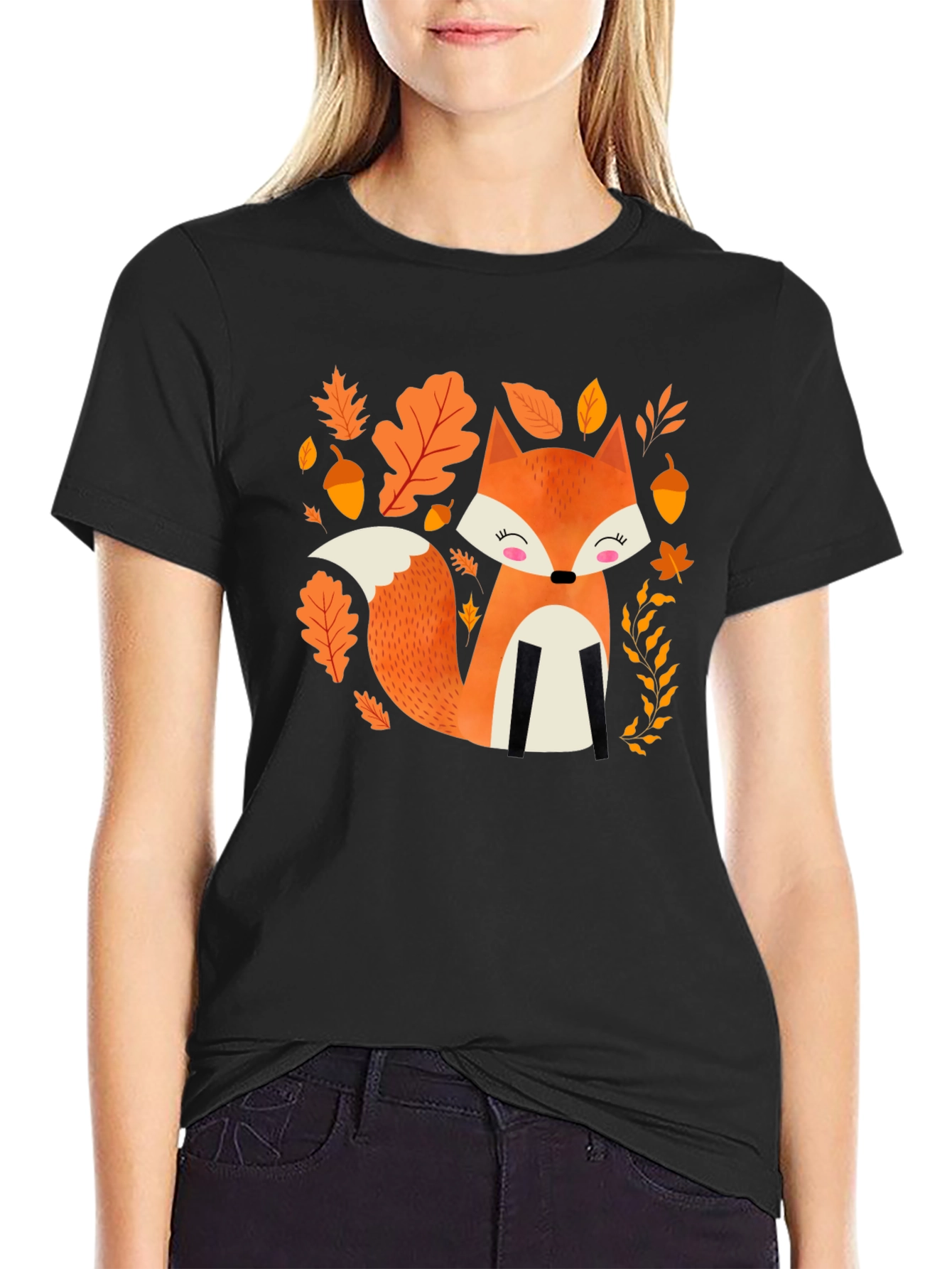 Cute Autumn Fox Graphic Tee - Black Cotton Blend