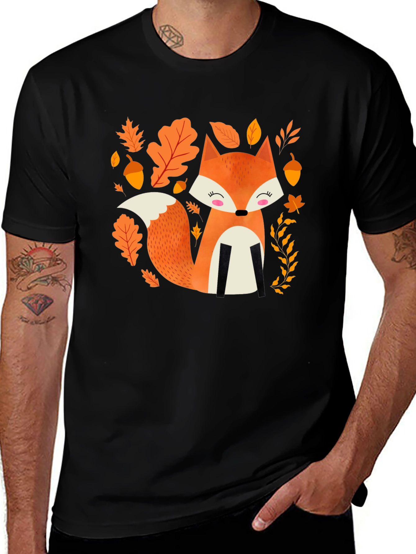 Cute Autumn Fox Graphic Tee - Black Cotton Blend