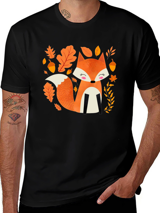 Cute Autumn Fox Graphic Tee - Black Cotton Blend