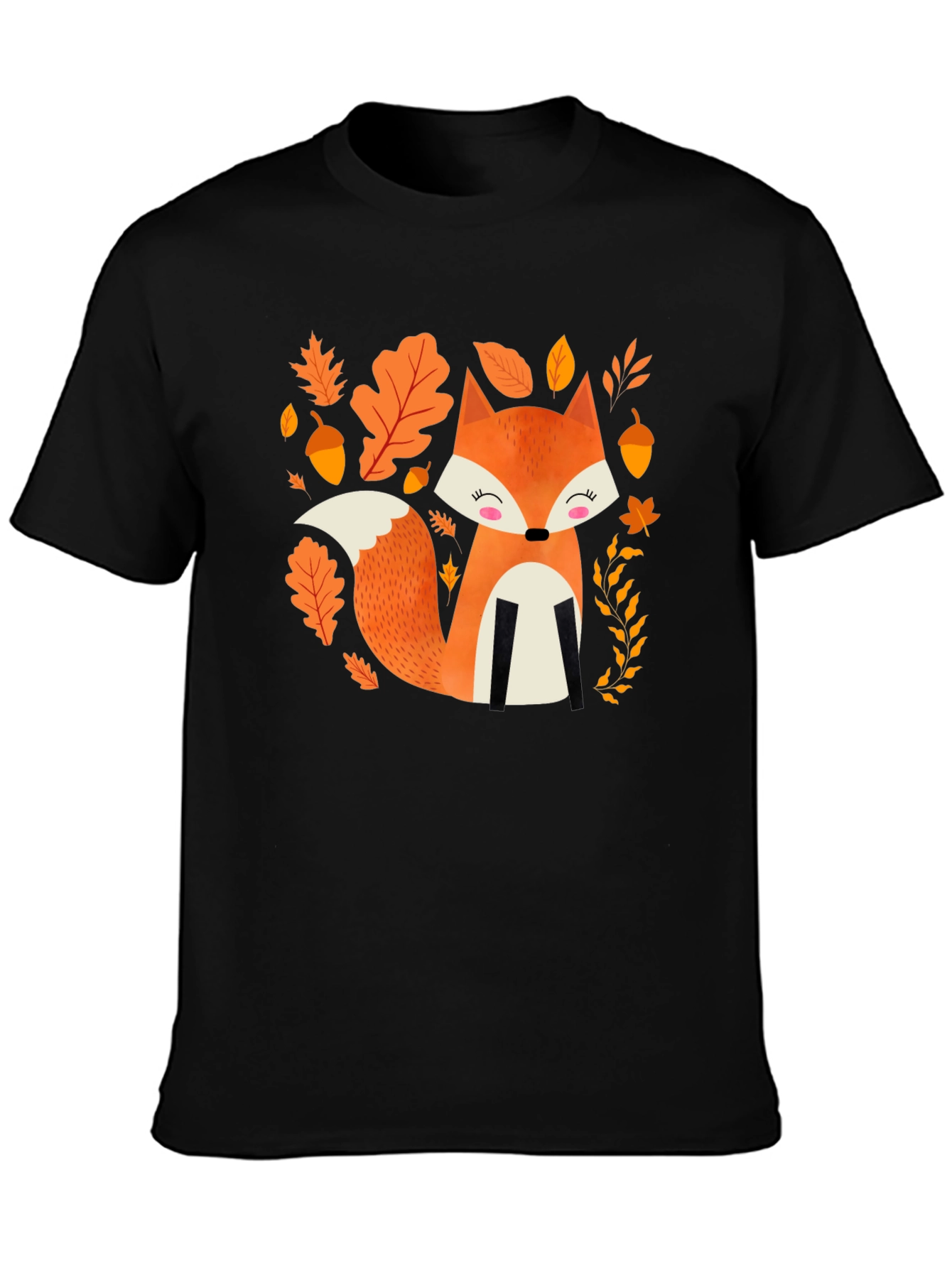 Cute Autumn Fox Graphic Tee - Black Cotton Blend