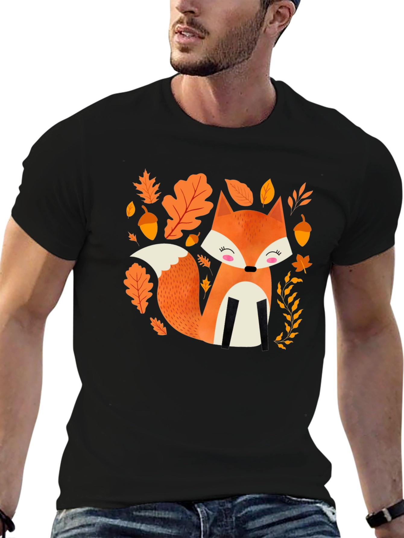 Cute Autumn Fox Graphic Tee - Black Cotton Blend