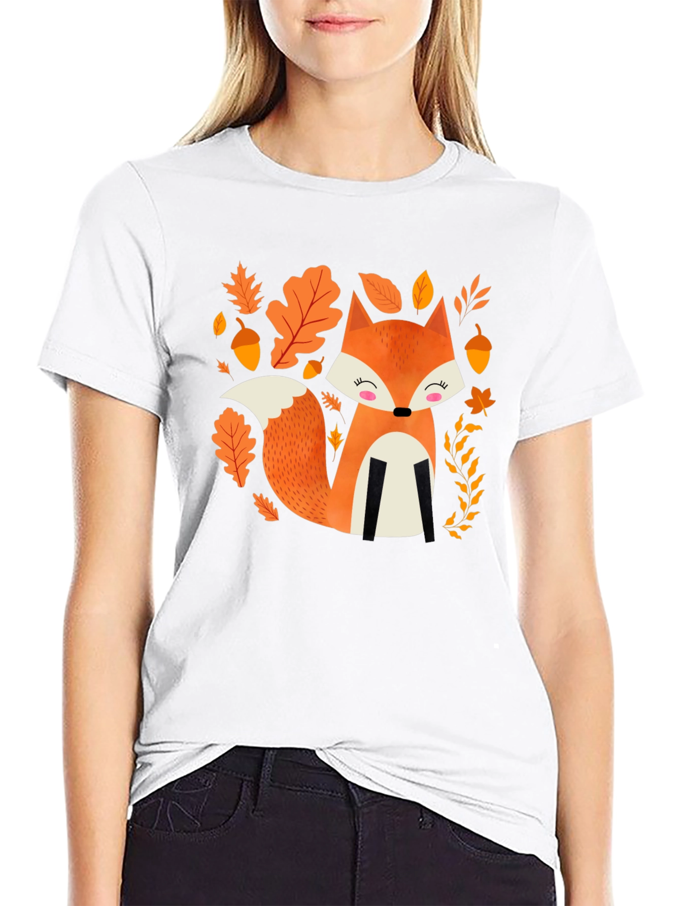Cute Autumn Fox Graphic Tee - Black Cotton Blend