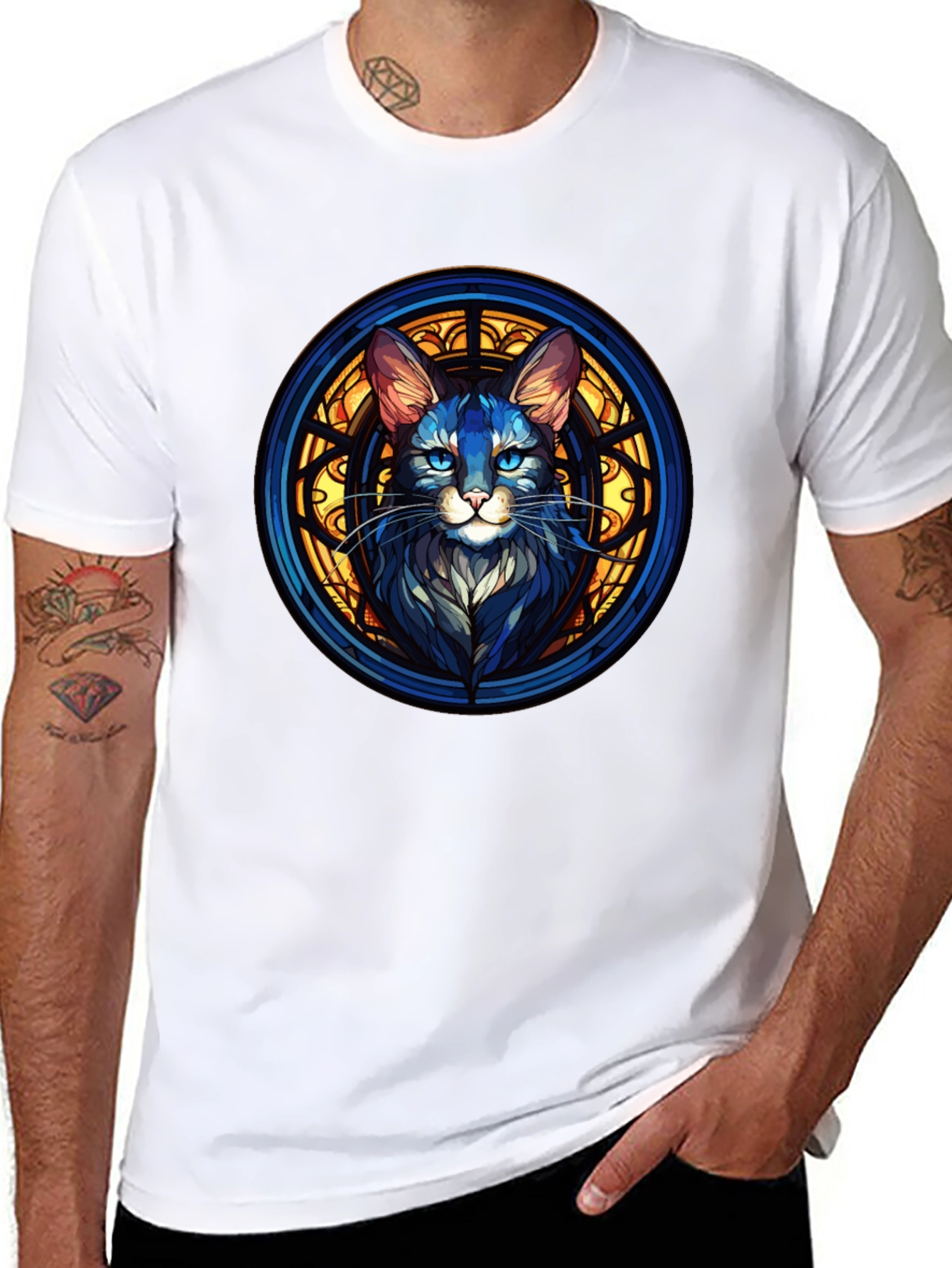Stained Glass Cat Graphic Black T-Shirt