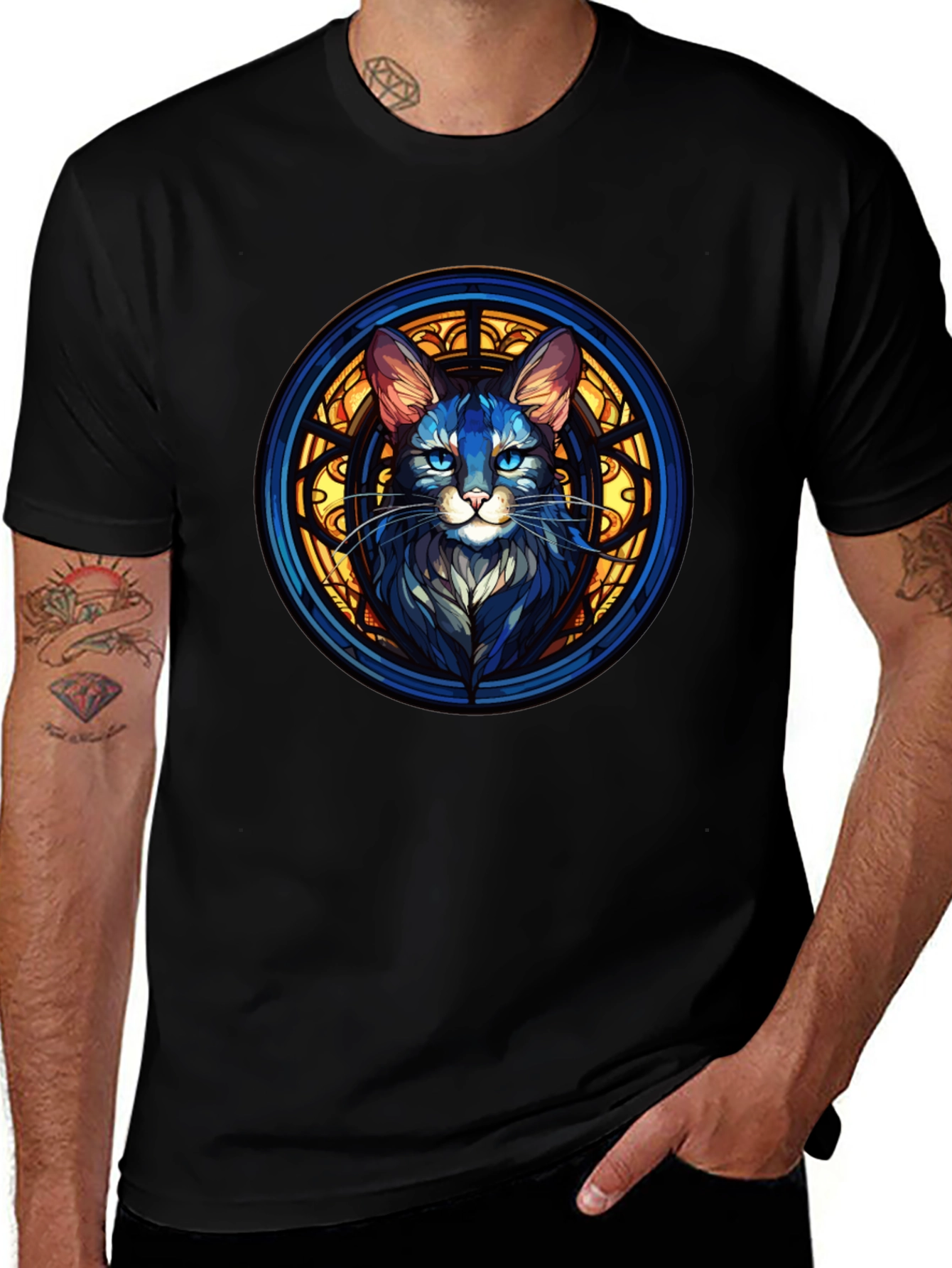 Stained Glass Cat Graphic Black T-Shirt