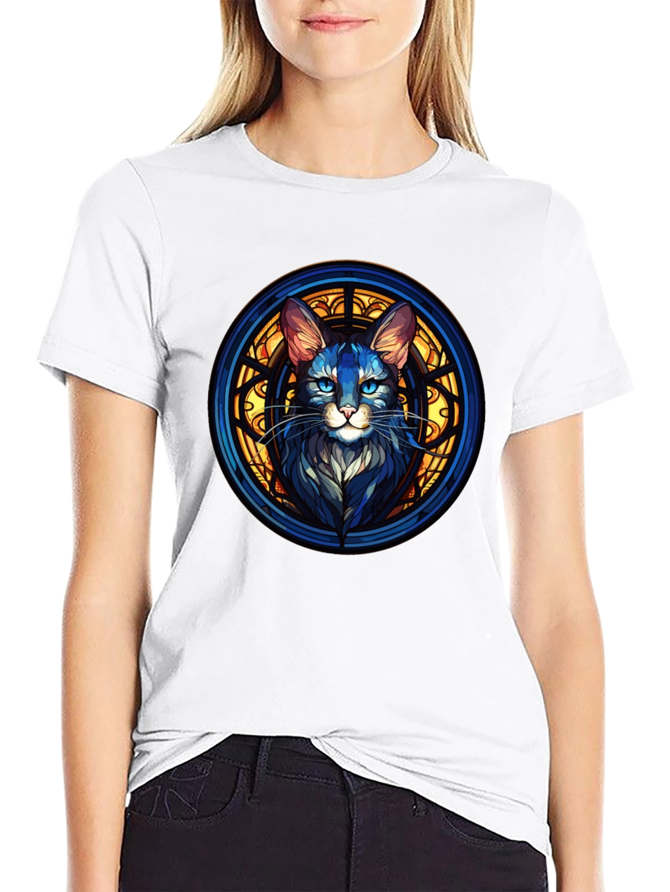 Stained Glass Cat Graphic Black T-Shirt