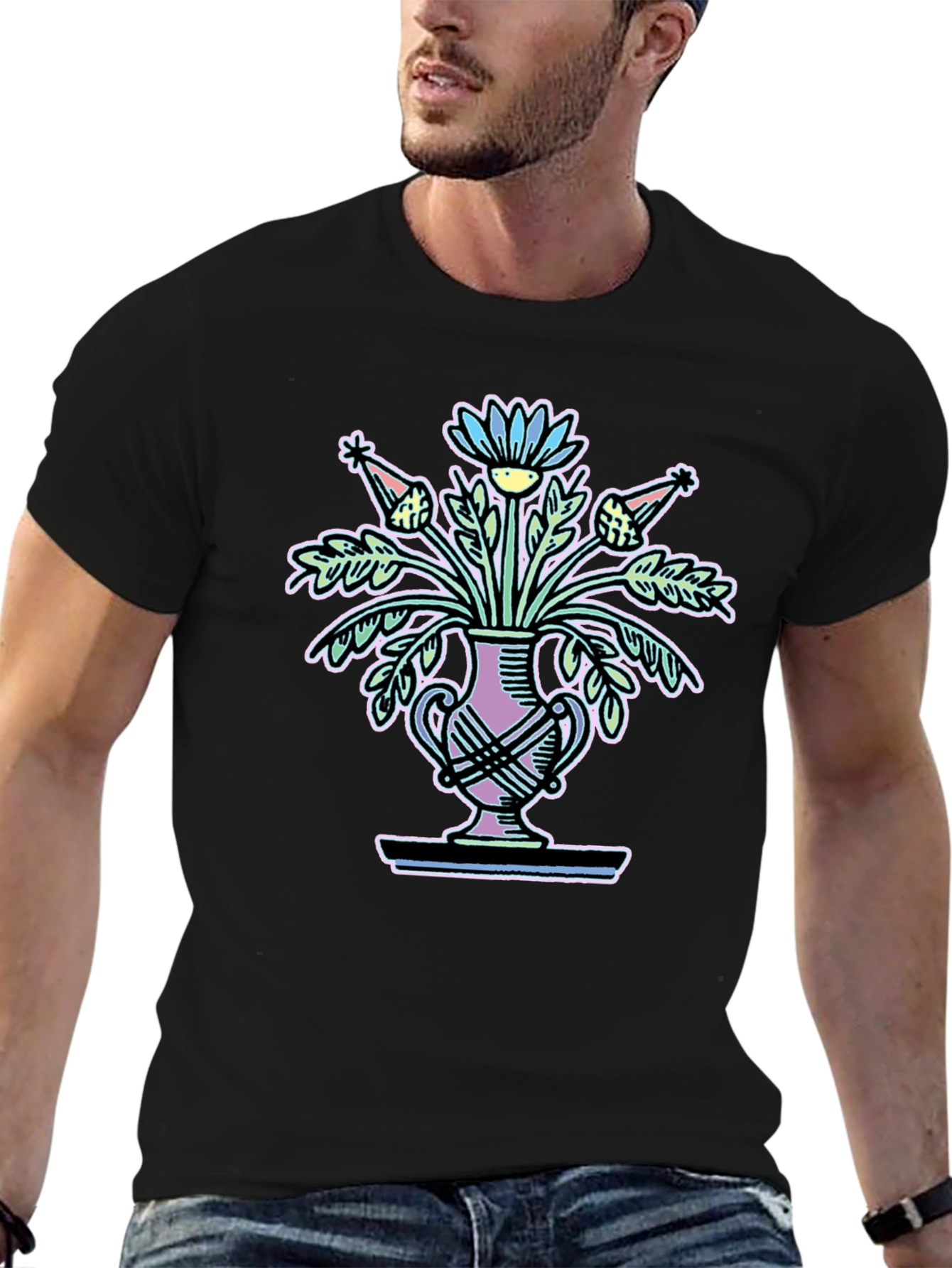 Floral Vase Graphic Tee - Black Unisex T-Shirt