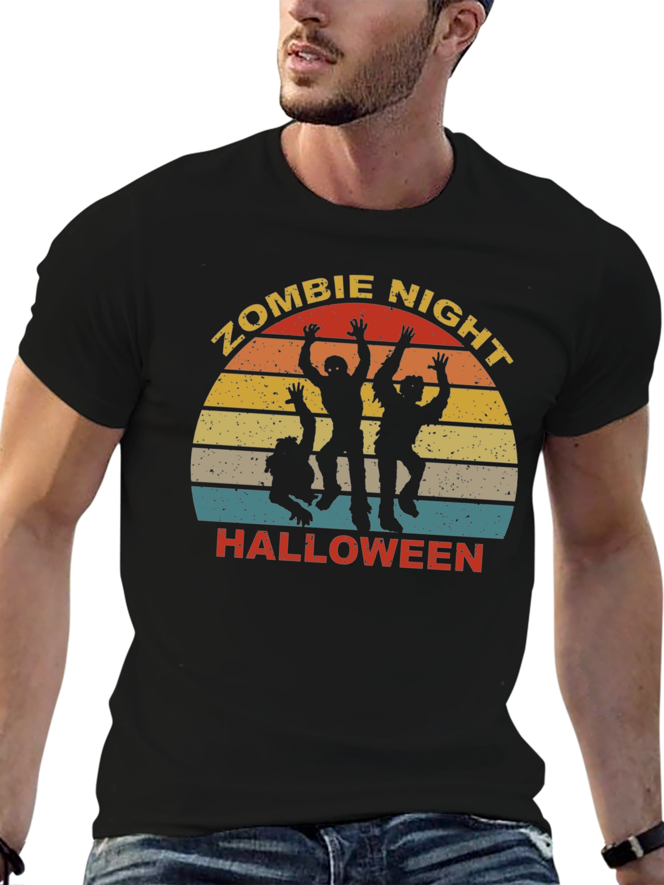 Zombie Night Halloween T-Shirt - Retro Sunset Design