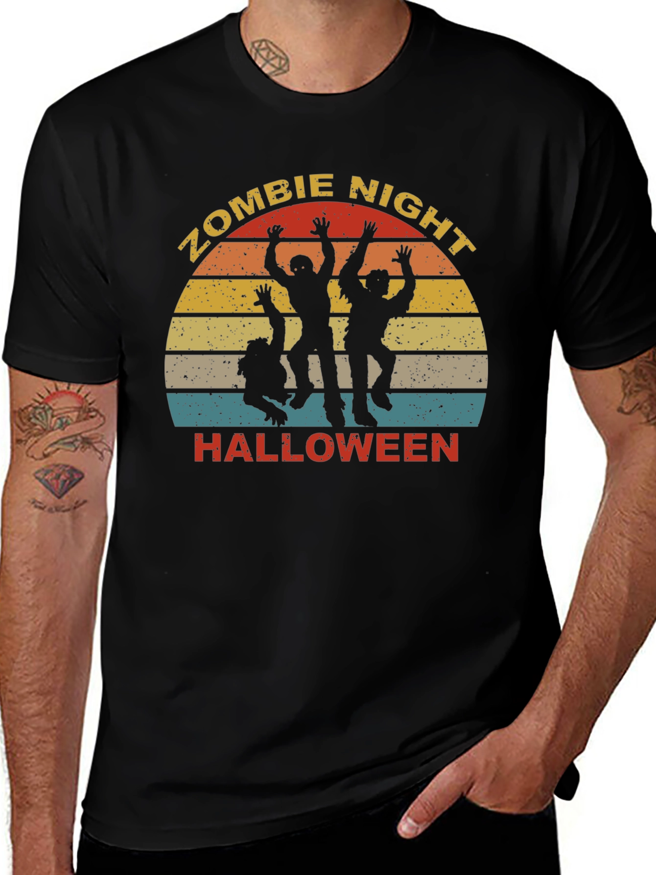 Zombie Night Halloween T-Shirt - Retro Sunset Design