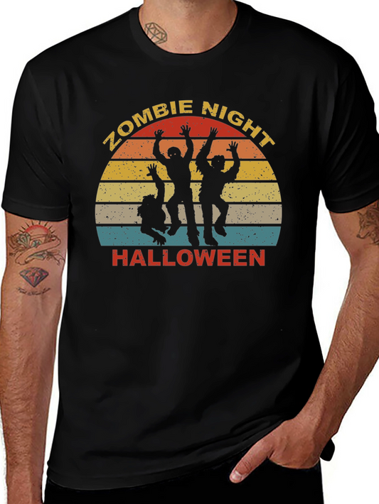 Zombie Night Halloween T-Shirt - Retro Sunset Design