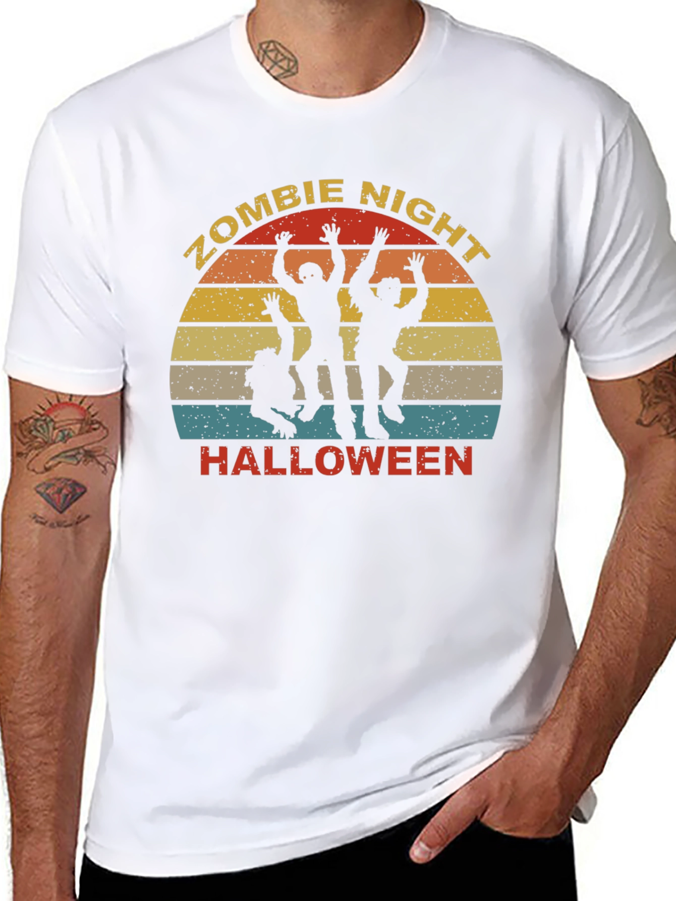Zombie Night Halloween T-Shirt - Retro Sunset Design