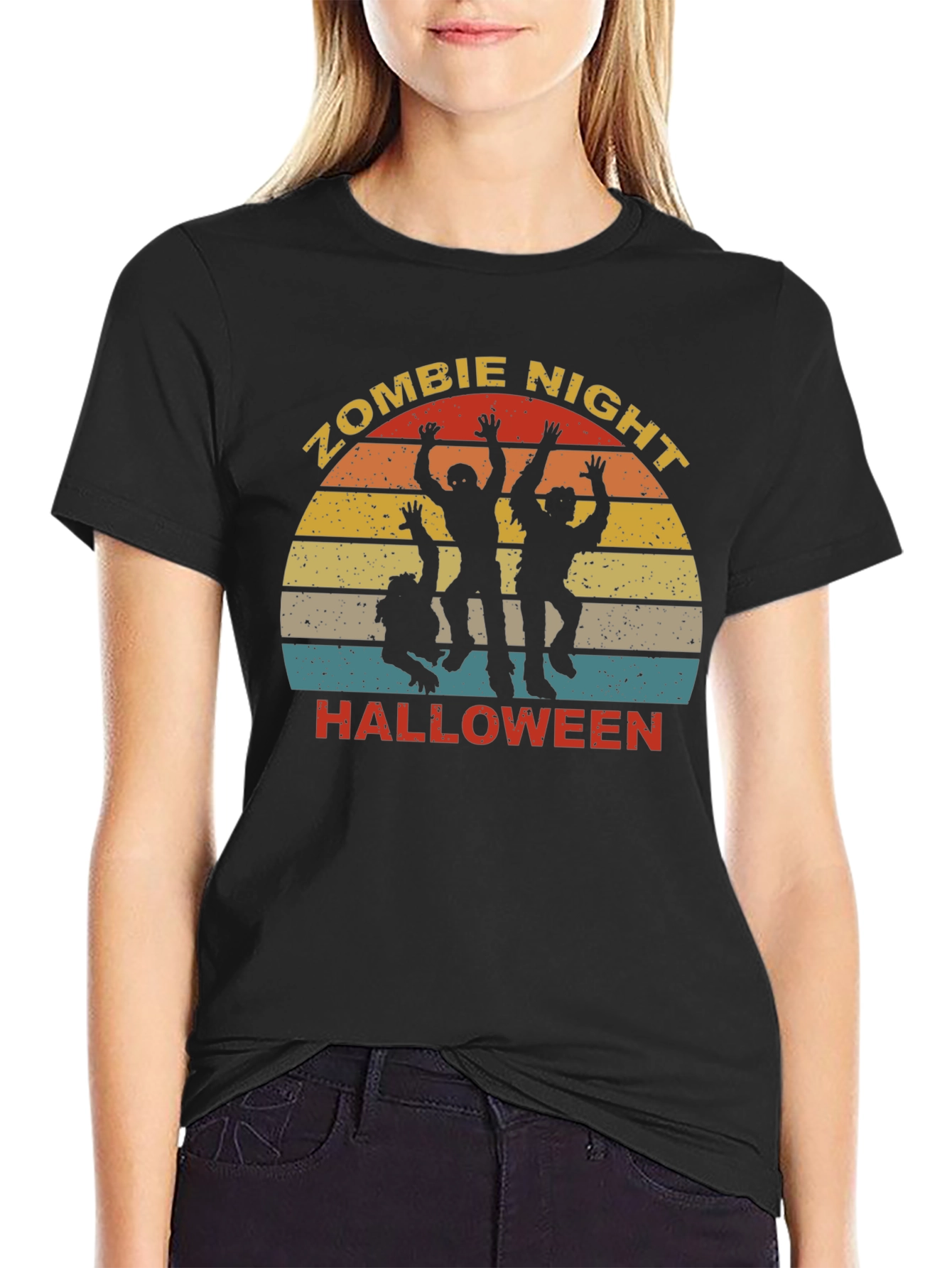 Zombie Night Halloween T-Shirt - Retro Sunset Design